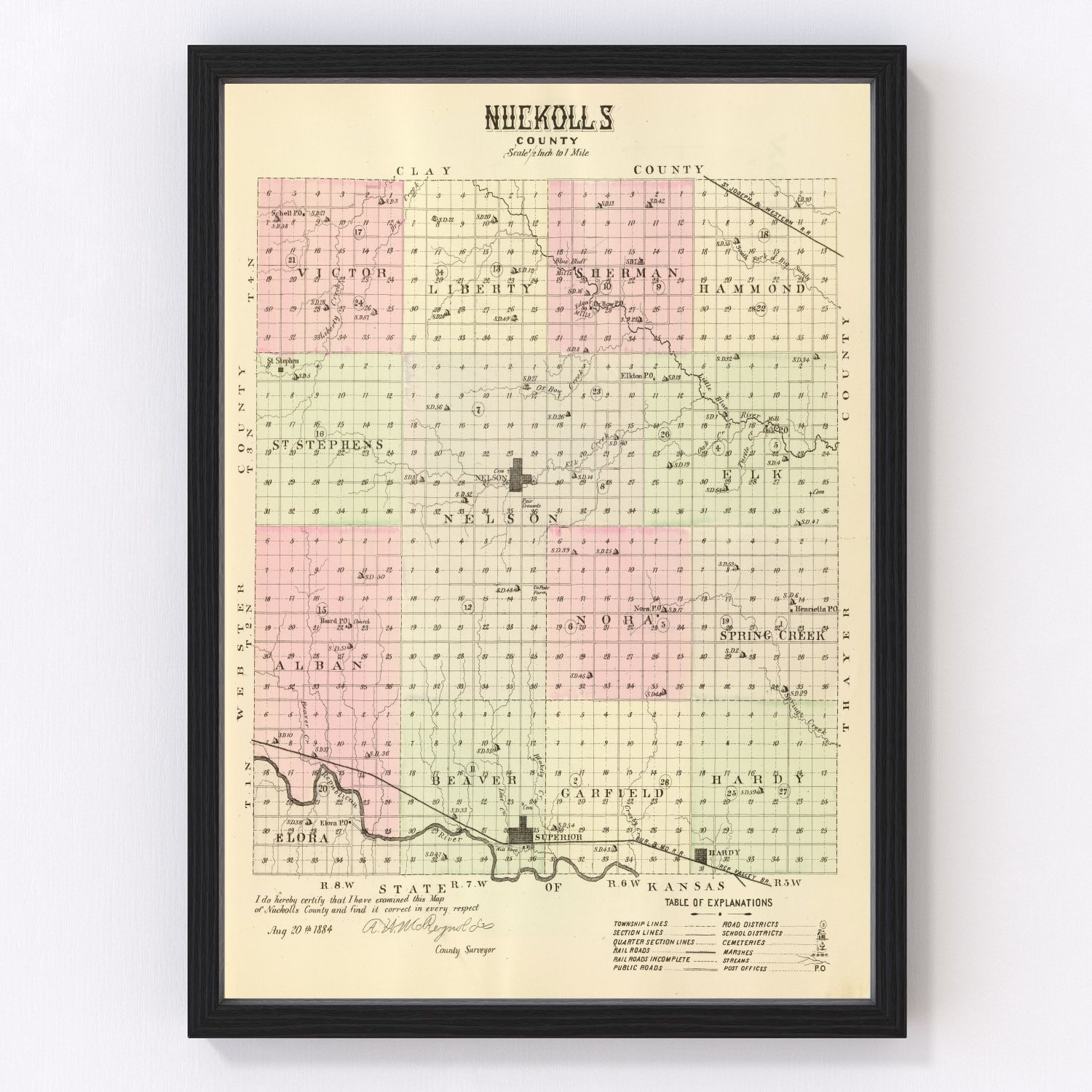 Vintage Map of Nuckolls County, Nebraska 1885 -Not available at Minden location-