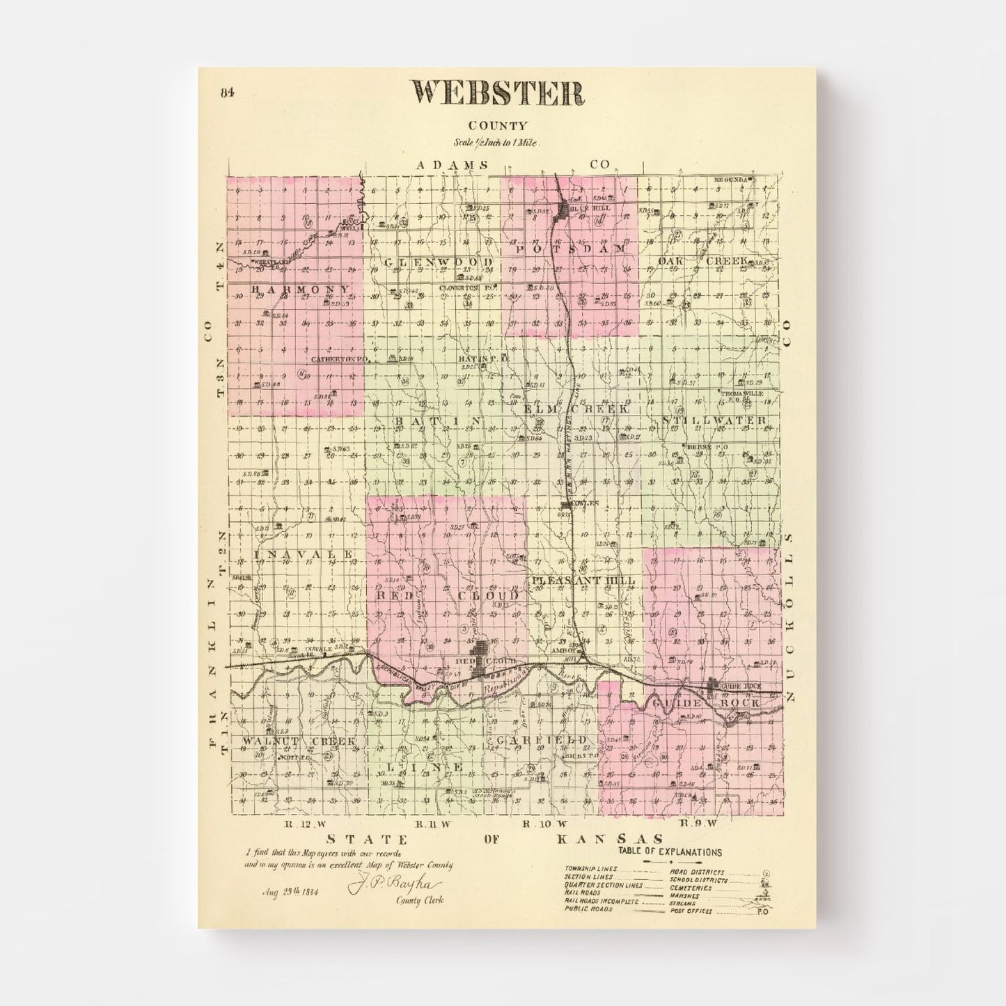 Vintage Map of Webster County, Nebraska 1885 -Not available at Minden location-