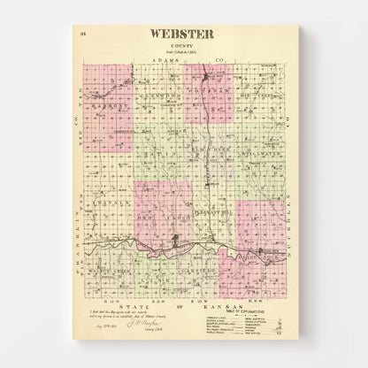 Vintage Map of Webster County, Nebraska 1885 -Not available at Minden location-