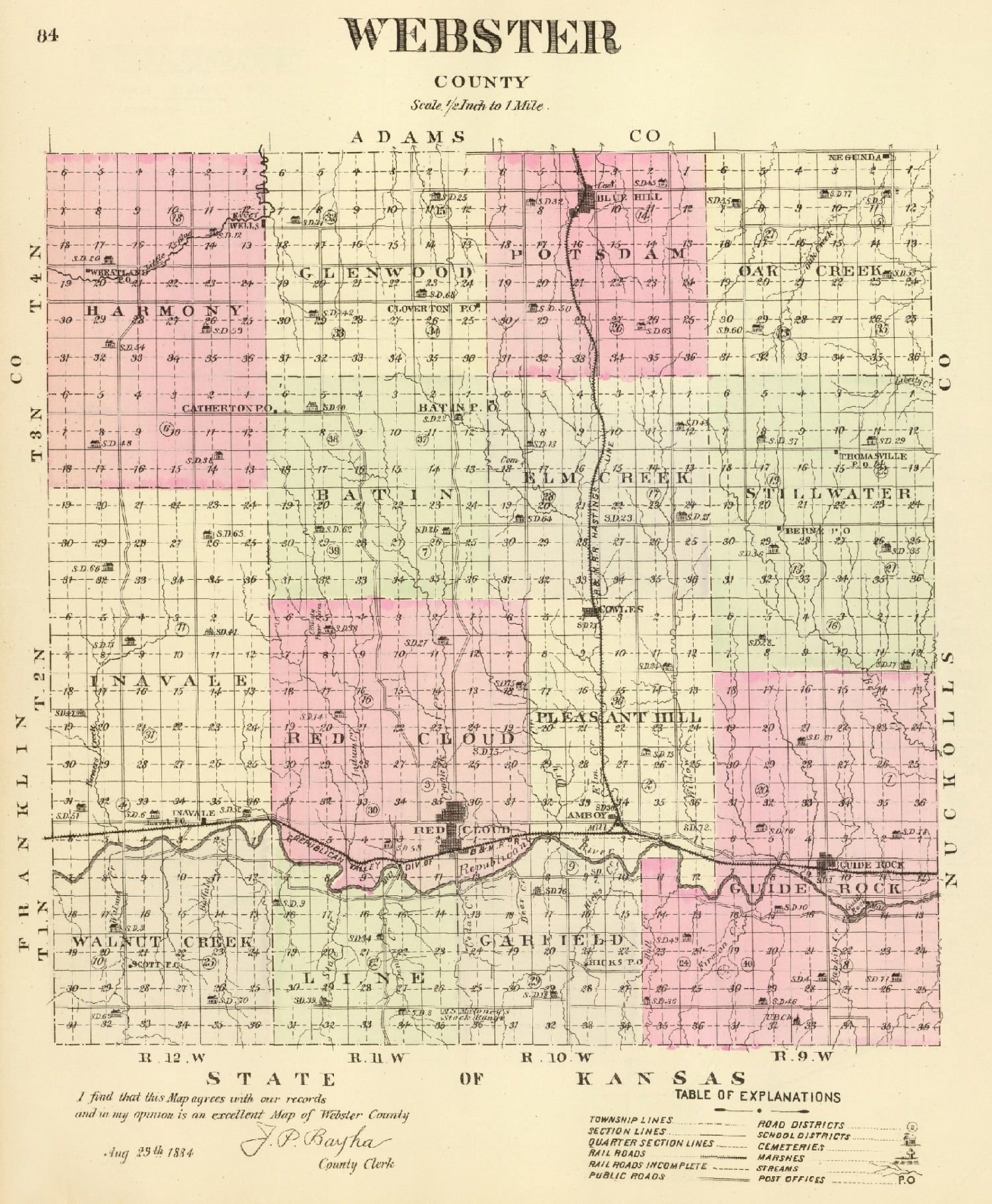 Vintage Map of Webster County, Nebraska 1885 -Not available at Minden location-
