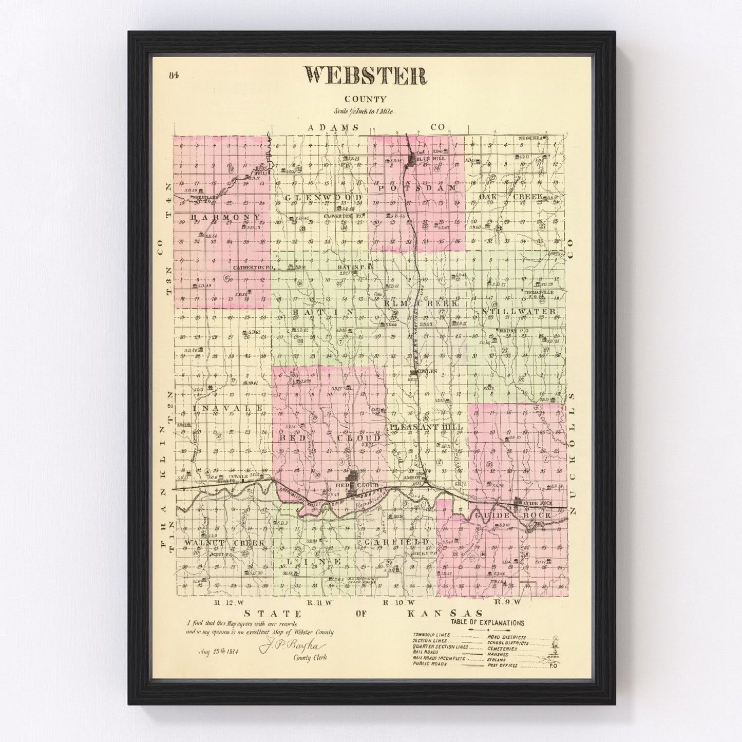 Vintage Map of Webster County, Nebraska 1885 -Not available at Minden location-