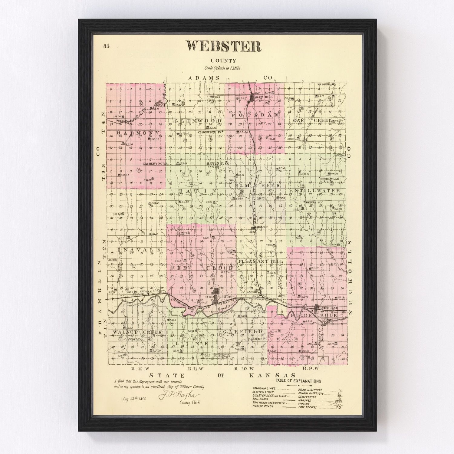Vintage Map of Webster County, Nebraska 1885 -Not available at Minden location-