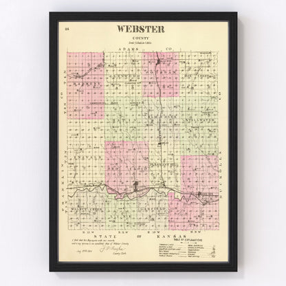 Vintage Map of Webster County, Nebraska 1885 -Not available at Minden location-