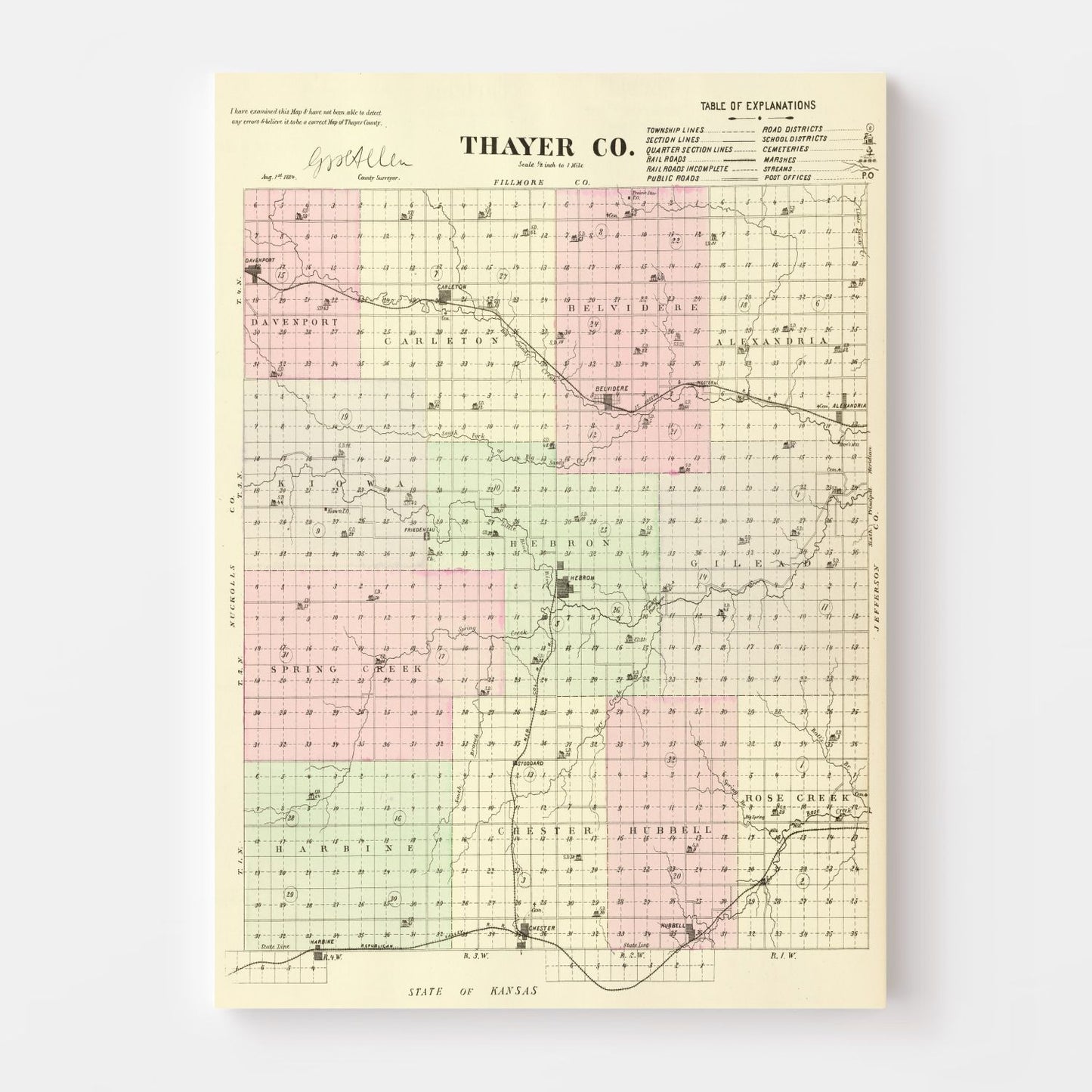 Vintage Map of Thayer County, Nebraska 1885 -Not available at Minden location-