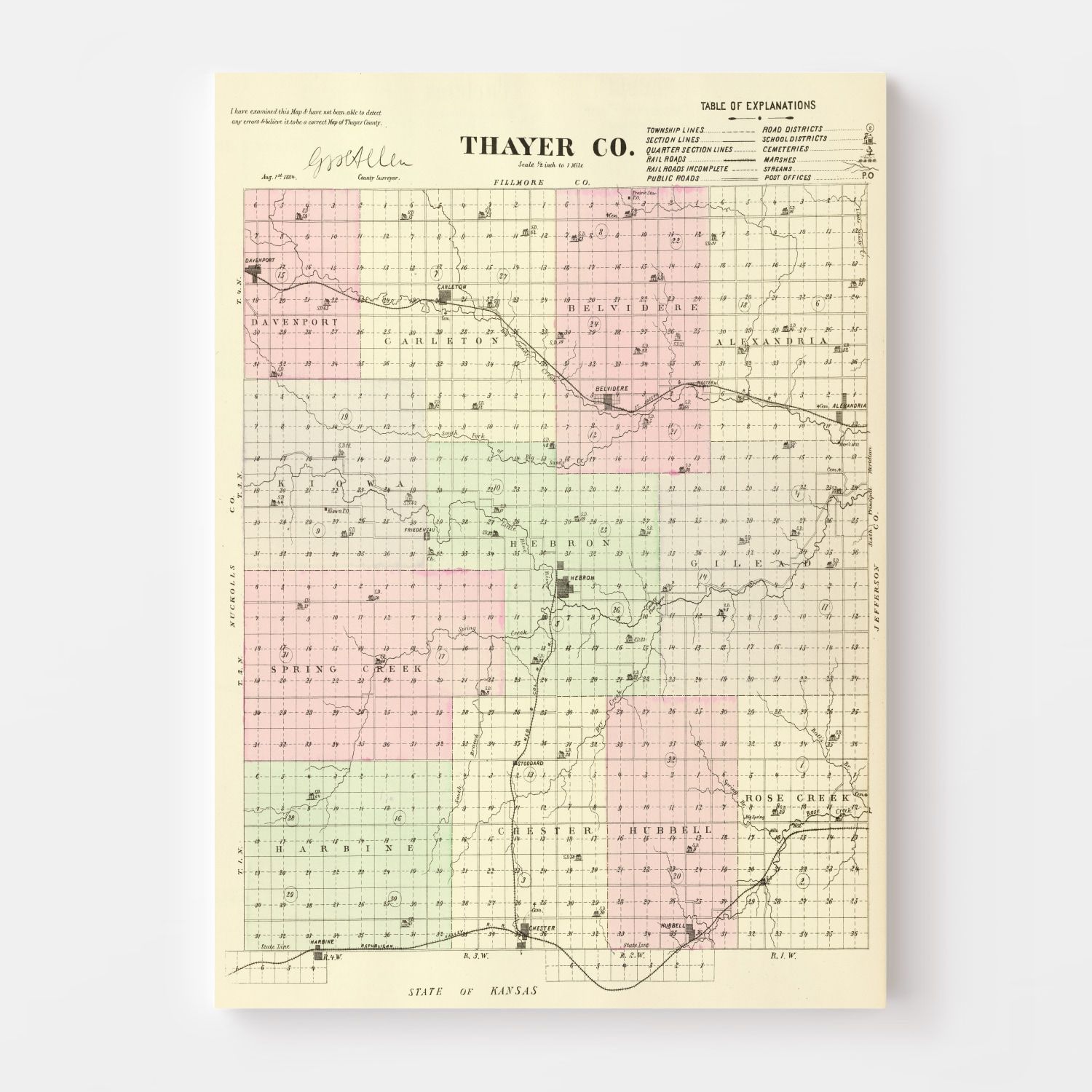 Vintage Map of Thayer County, Nebraska 1885 -Not available at Minden location-