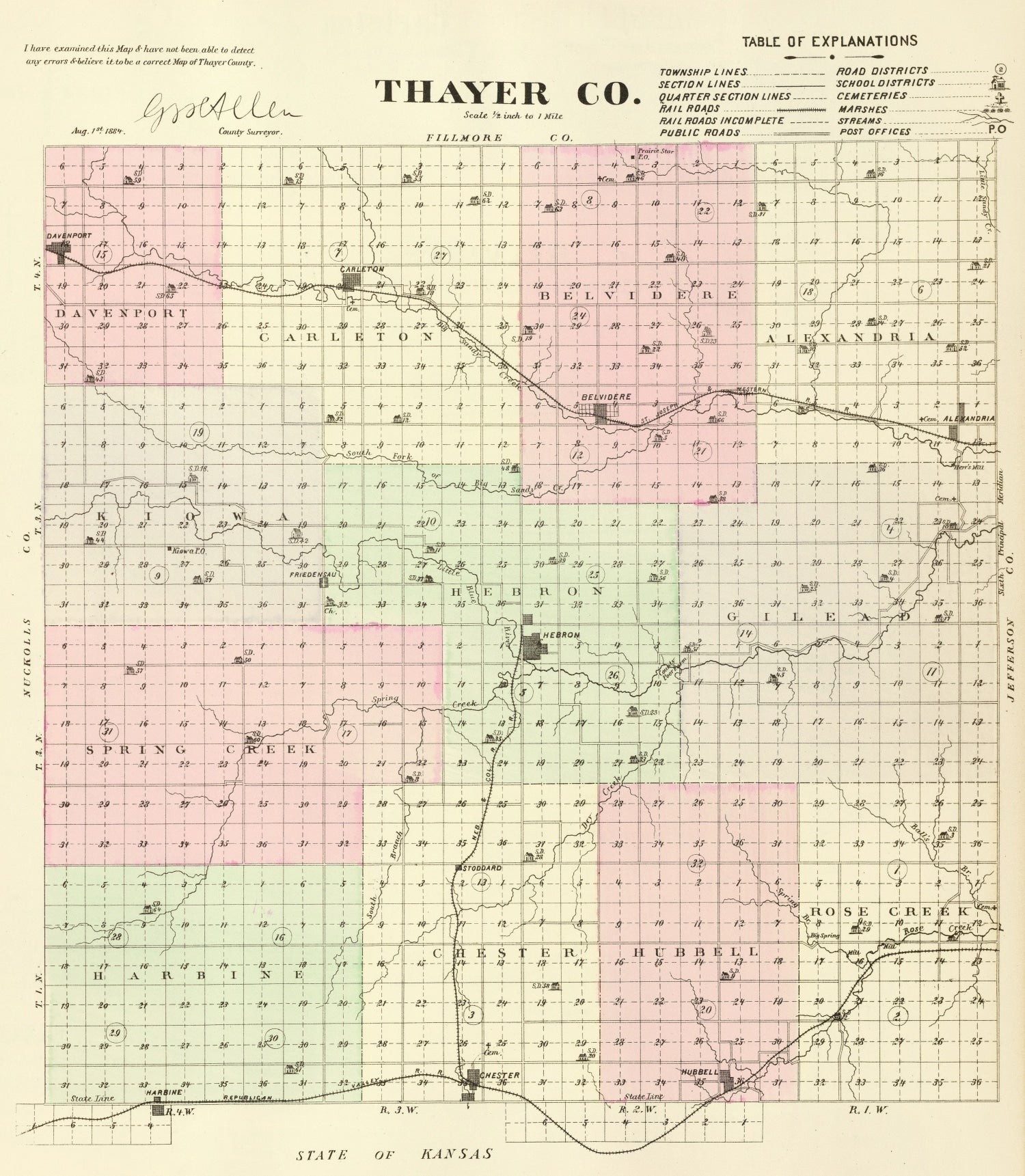Vintage Map of Thayer County, Nebraska 1885 -Not available at Minden location-