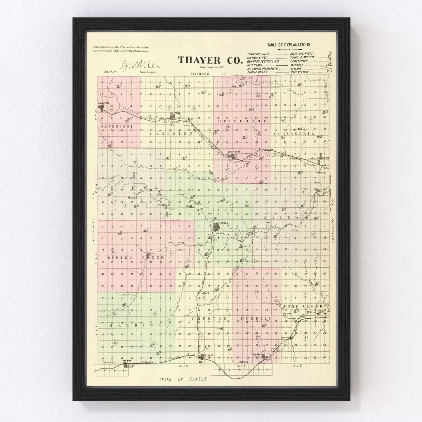 Vintage Map of Thayer County, Nebraska 1885 -Not available at Minden location-