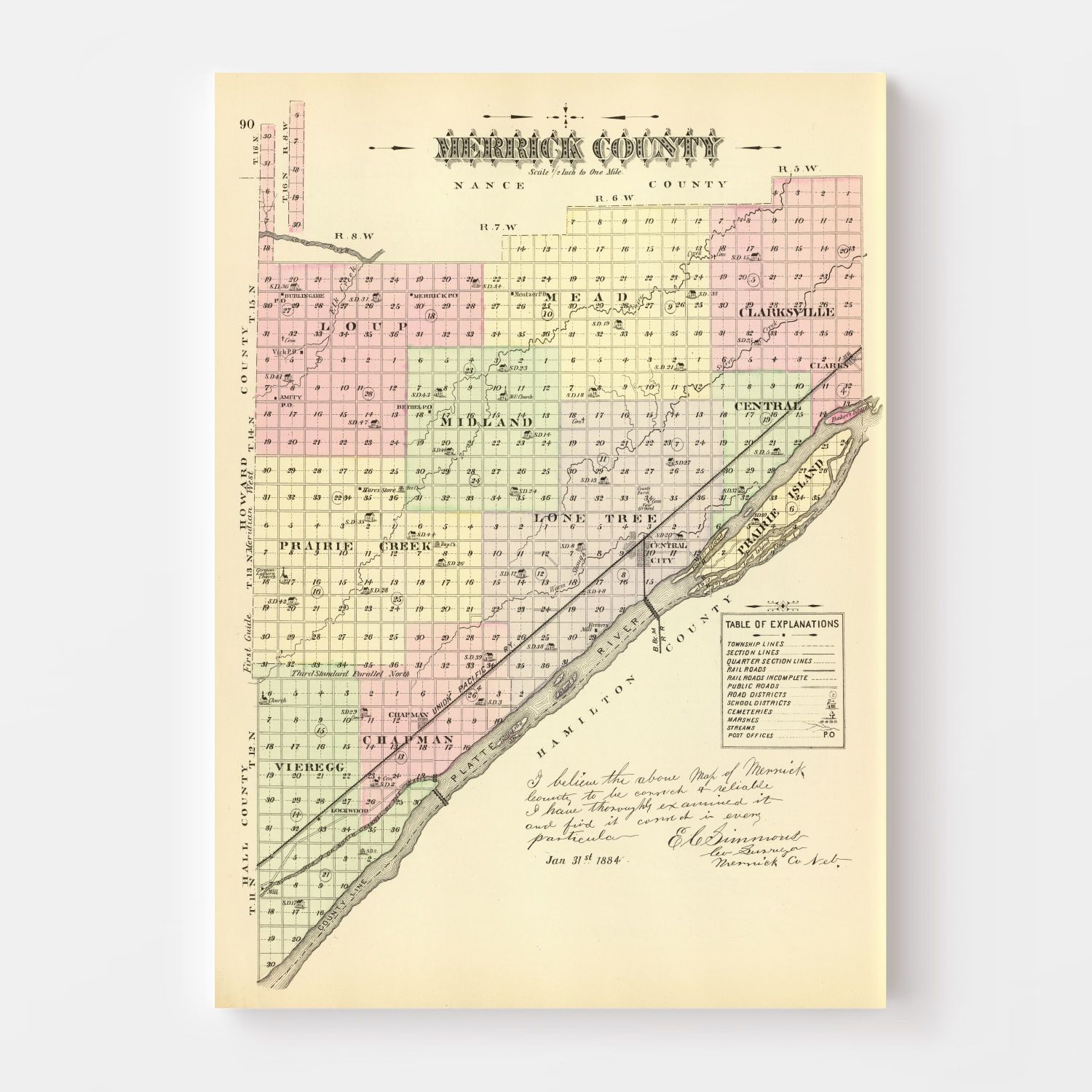 Vintage Map of Merrick County, Nebraska 1885 -Not available at Minden location-