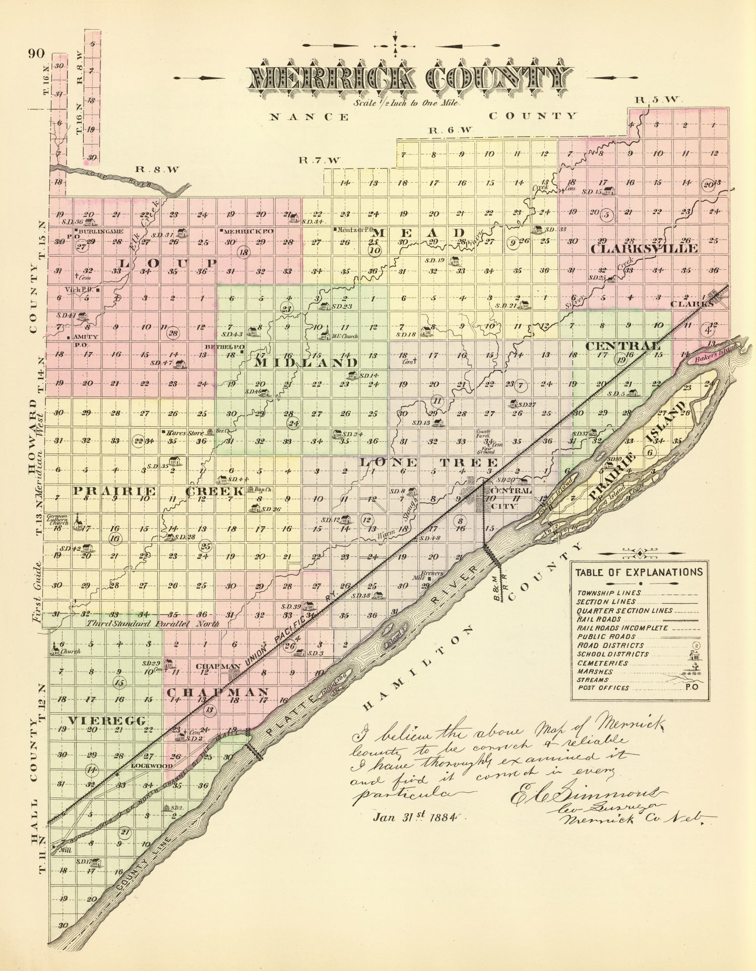 Vintage Map of Merrick County, Nebraska 1885 -Not available at Minden location-