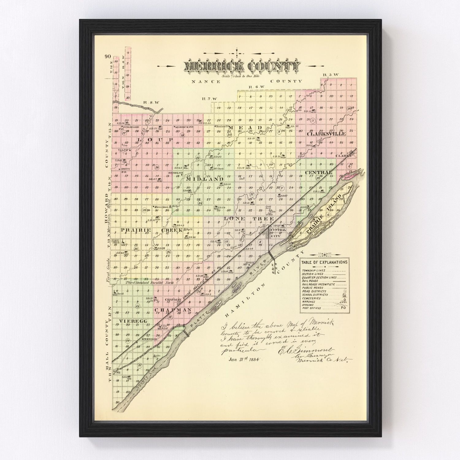 Vintage Map of Merrick County, Nebraska 1885 -Not available at Minden location-