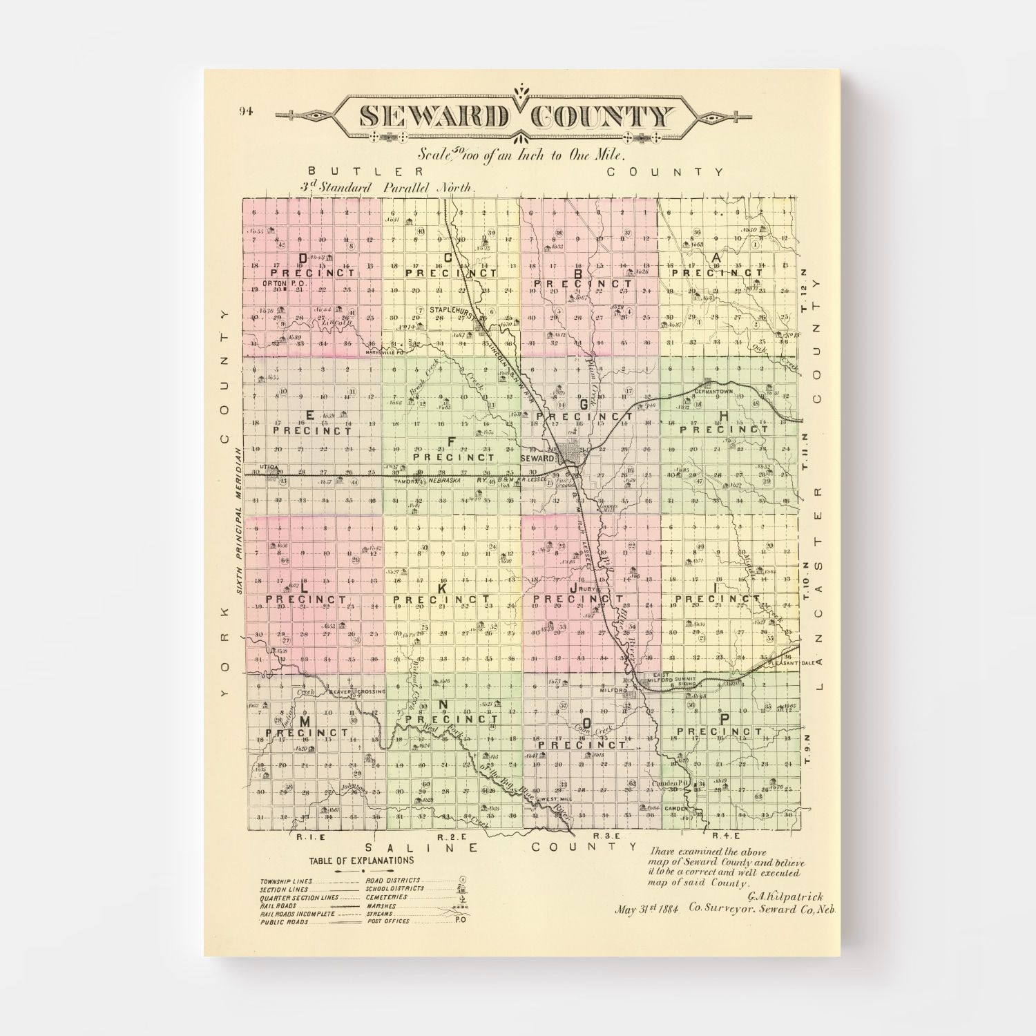 Vintage Map of Seward County, Nebraska 1885 -Not available at Minden location-