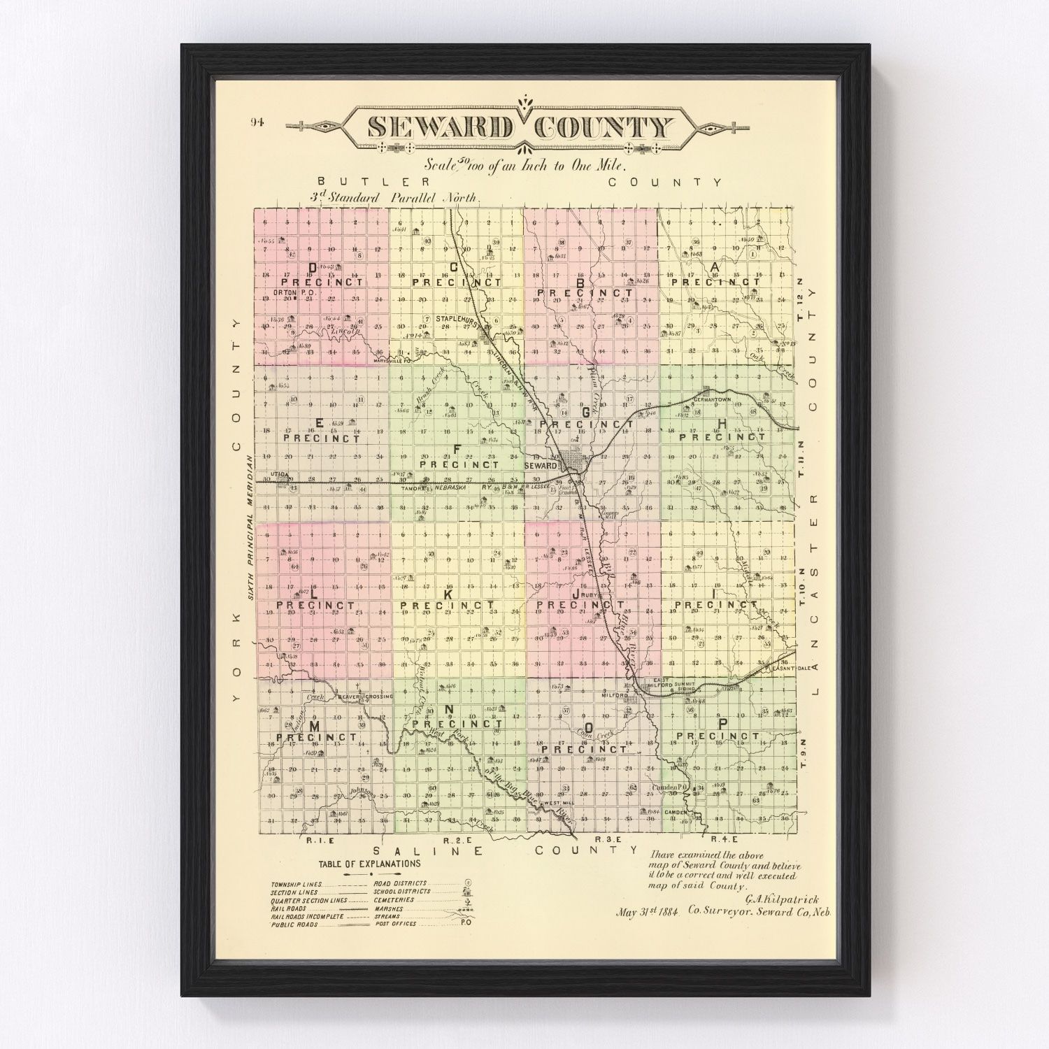 Vintage Map of Seward County, Nebraska 1885 -Not available at Minden location-