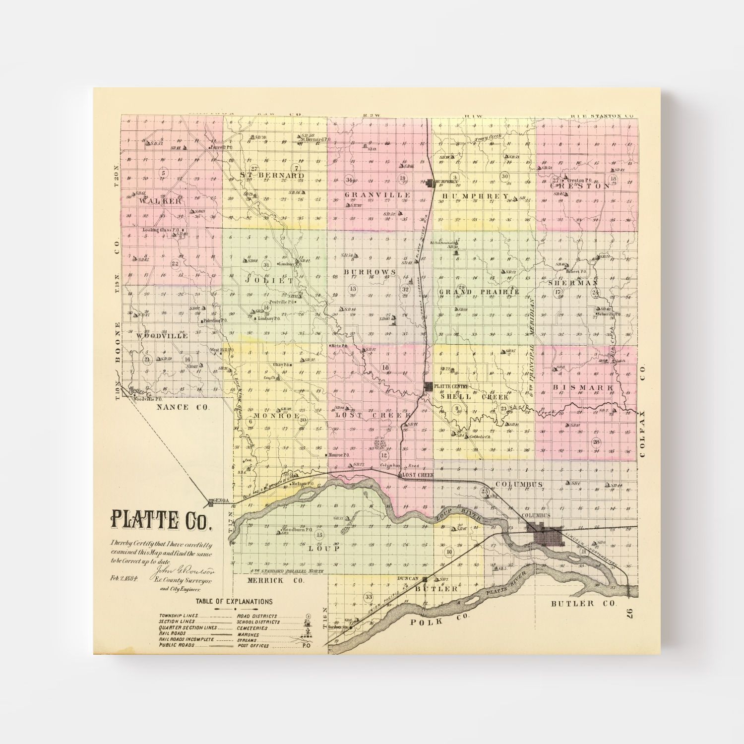 Vintage Map of Platte County, Nebraska 1885 -Not available at Minden location-