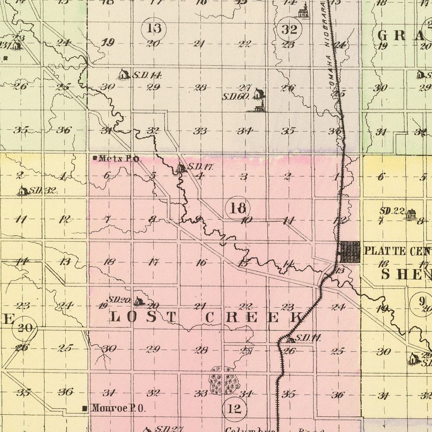 Vintage Map of Platte County, Nebraska 1885 -Not available at Minden location-