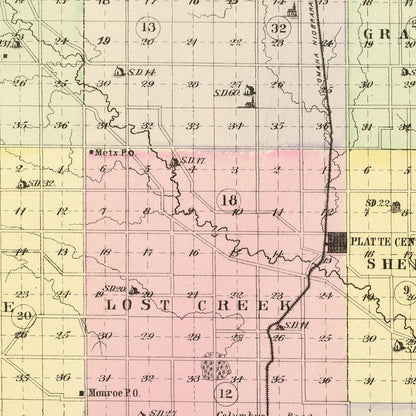 Vintage Map of Platte County, Nebraska 1885 -Not available at Minden location-