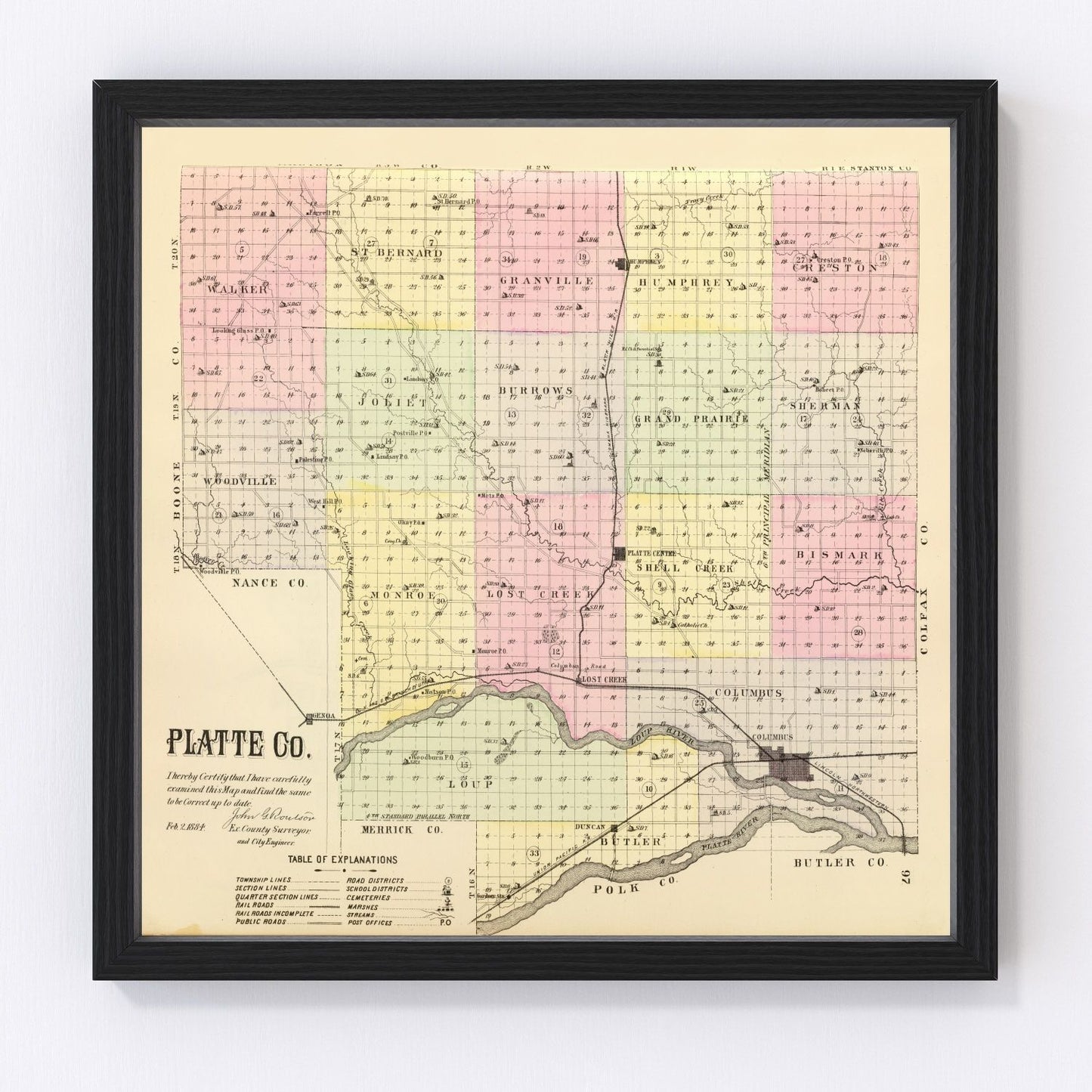 Vintage Map of Platte County, Nebraska 1885 -Not available at Minden location-