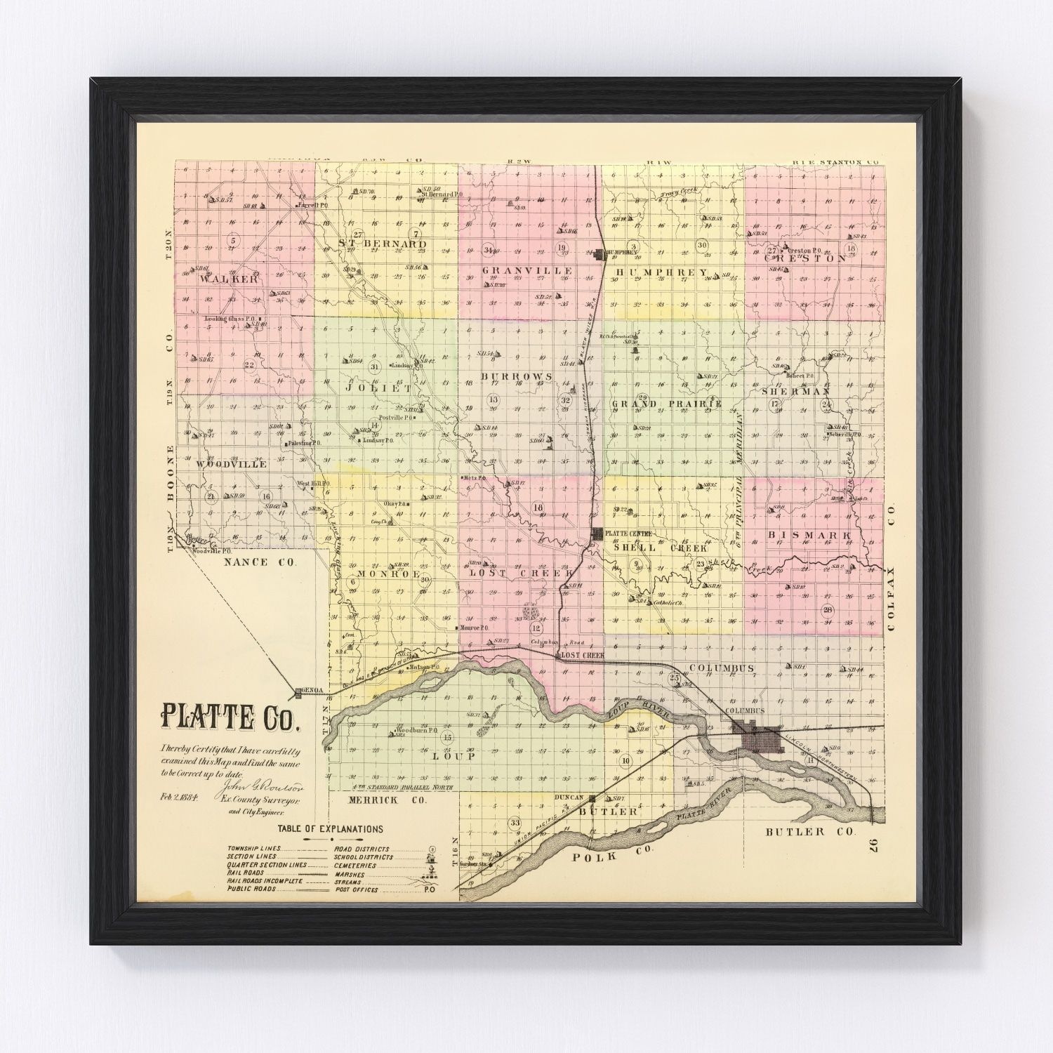 Vintage Map of Platte County, Nebraska 1885 -Not available at Minden location-