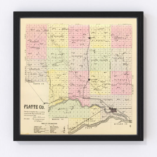 Vintage Map of Platte County, Nebraska 1885 -Not available at Minden location-