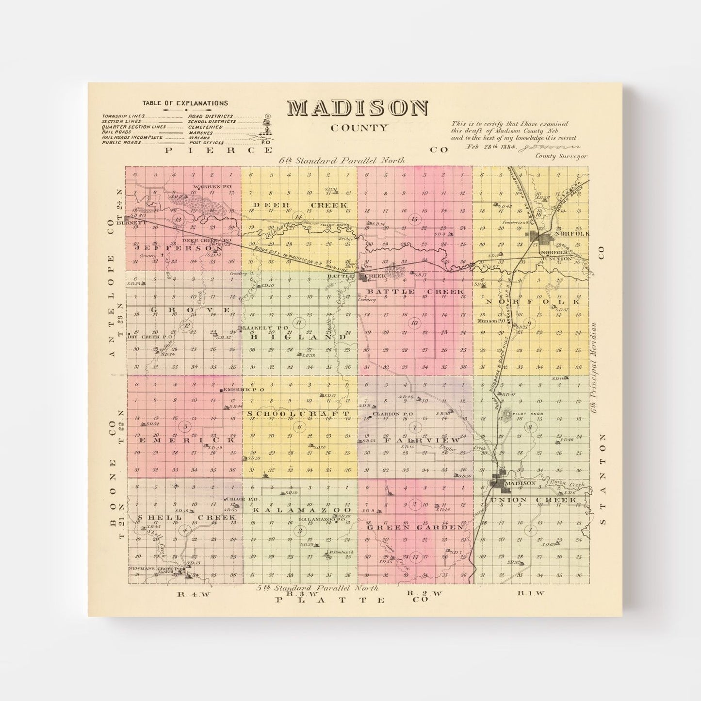 Vintage Map of Madison County, Nebraska 1885 -Not available at Minden location-
