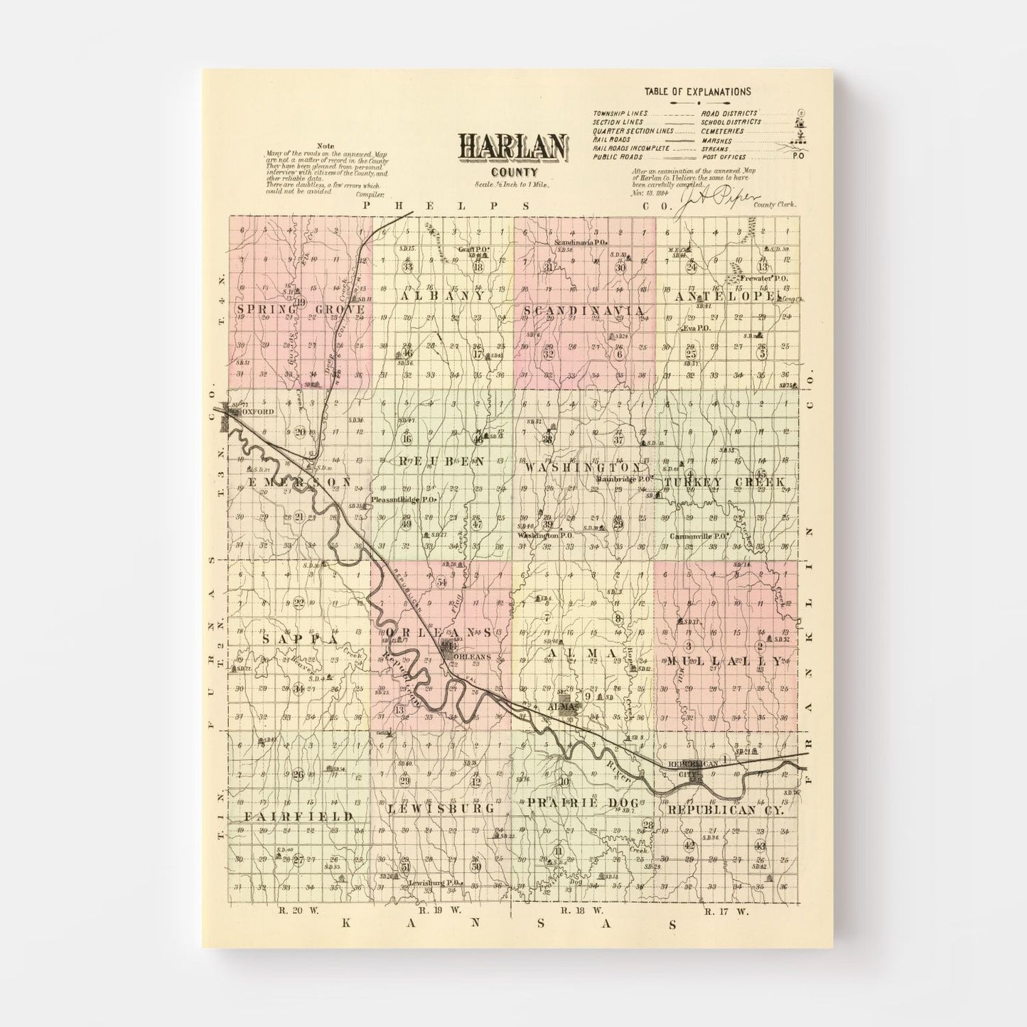 Vintage Map of Harlan County, Nebraska 1885 -Not available at Minden location-