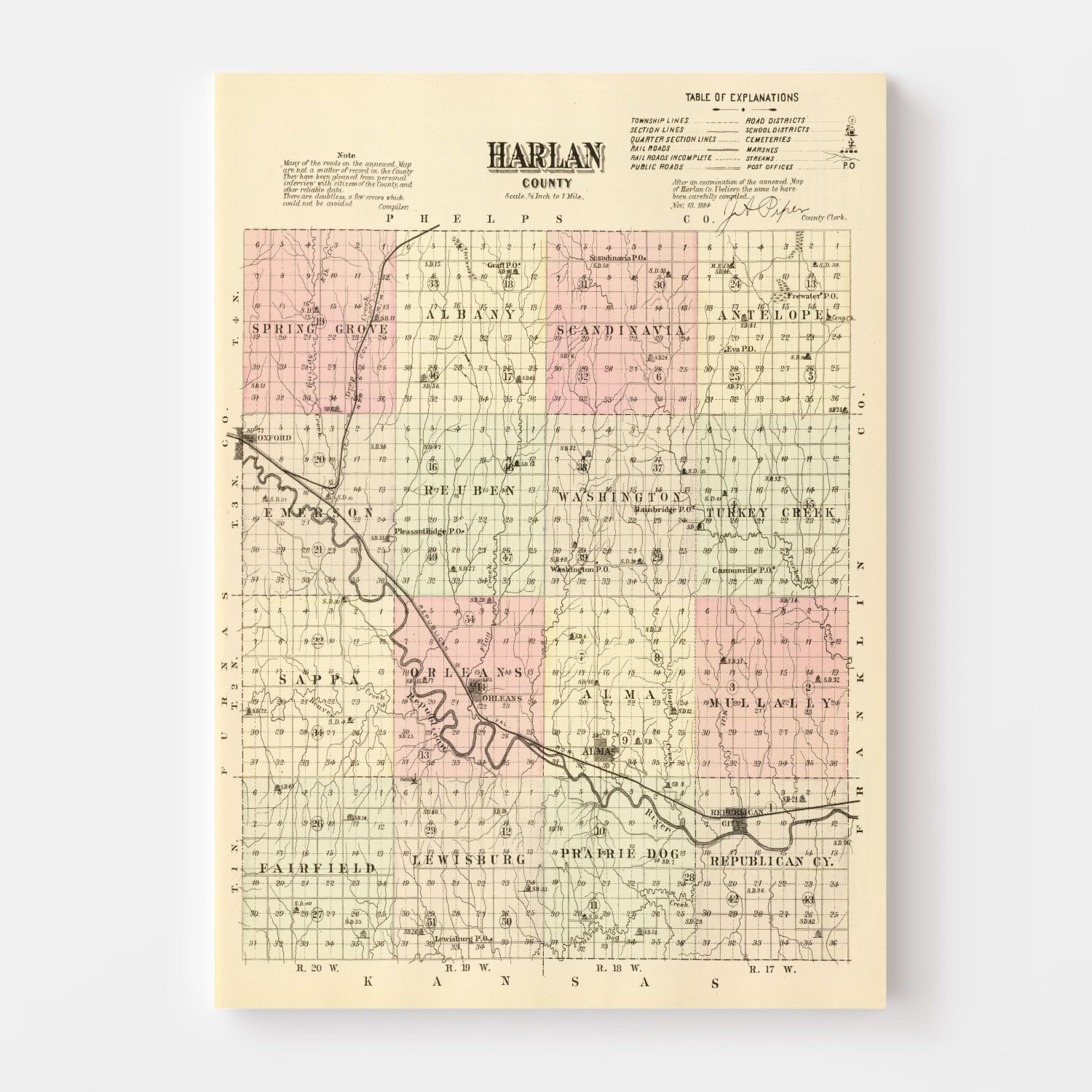 Vintage Map of Harlan County, Nebraska 1885 -Not available at Minden location-