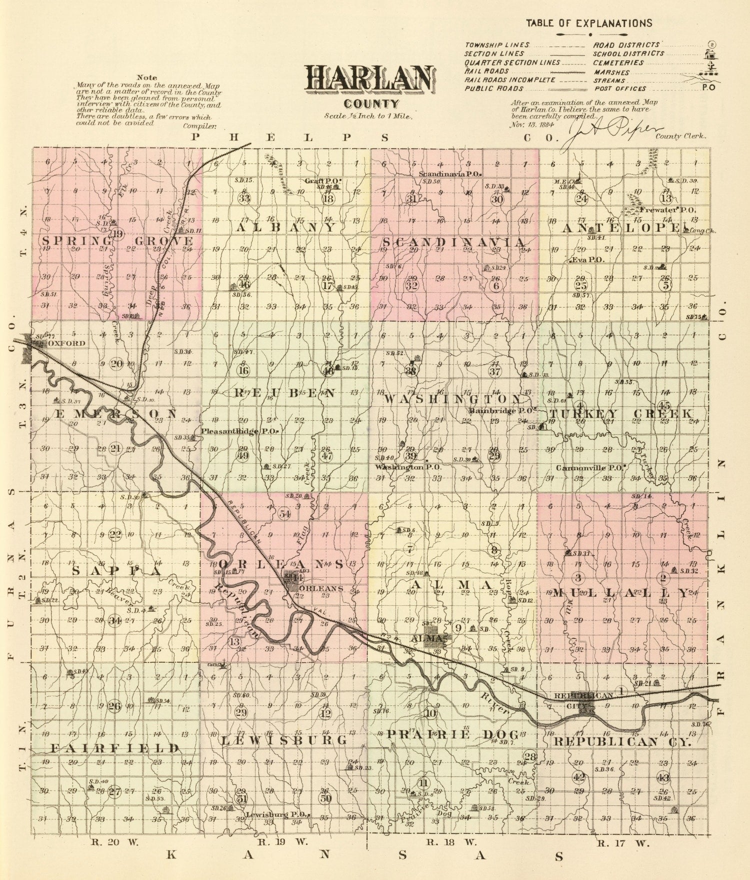 Vintage Map of Harlan County, Nebraska 1885 -Not available at Minden location-