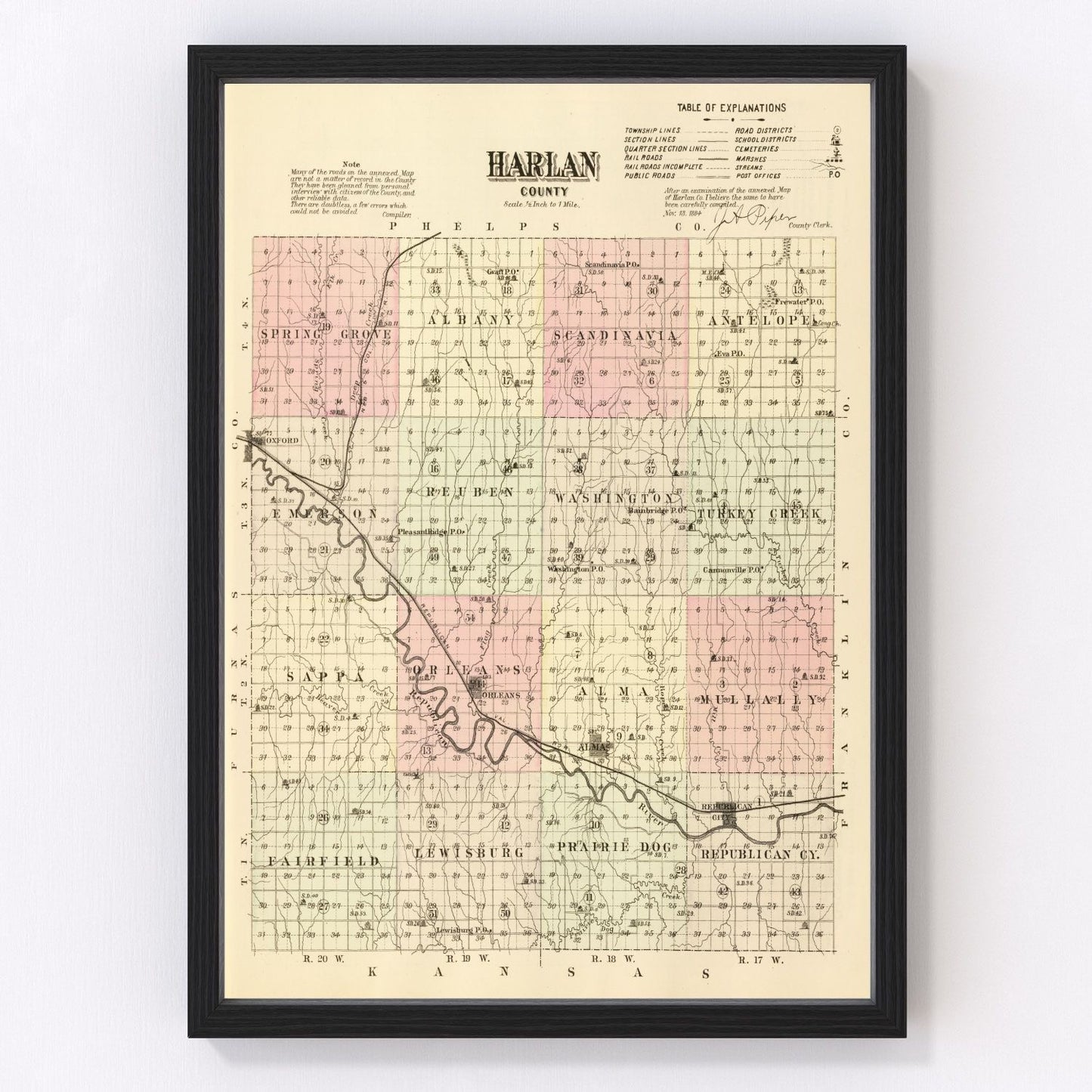Vintage Map of Harlan County, Nebraska 1885 -Not available at Minden location-