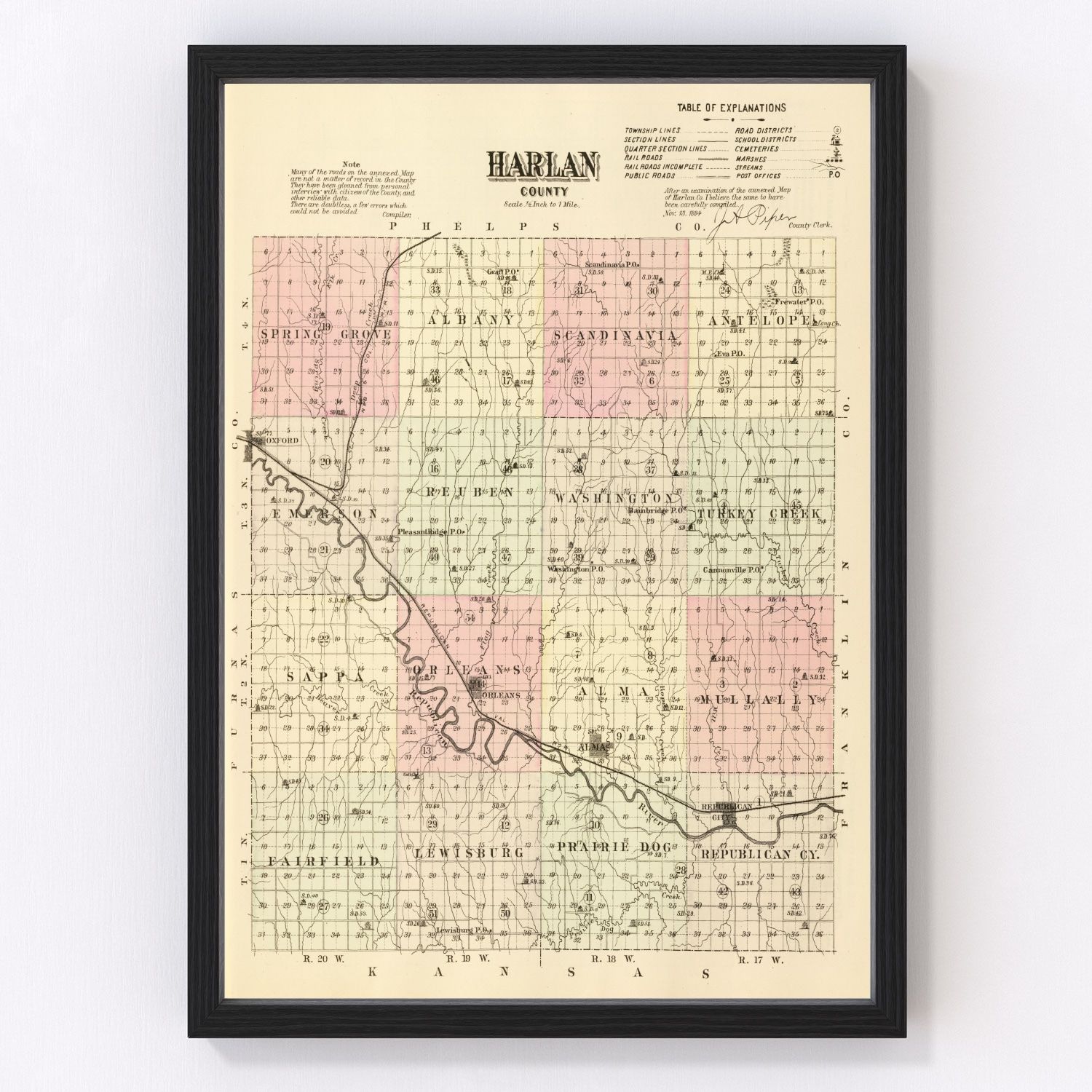 Vintage Map of Harlan County, Nebraska 1885 -Not available at Minden location-