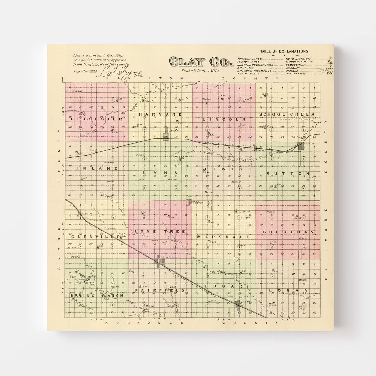 Vintage Map of Clay County, Nebraska 1885 -Not available at Minden location-