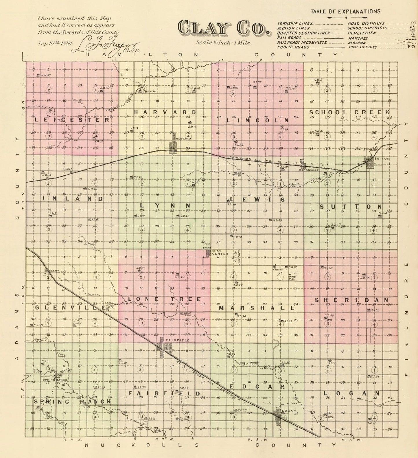Vintage Map of Clay County, Nebraska 1885 -Not available at Minden location-