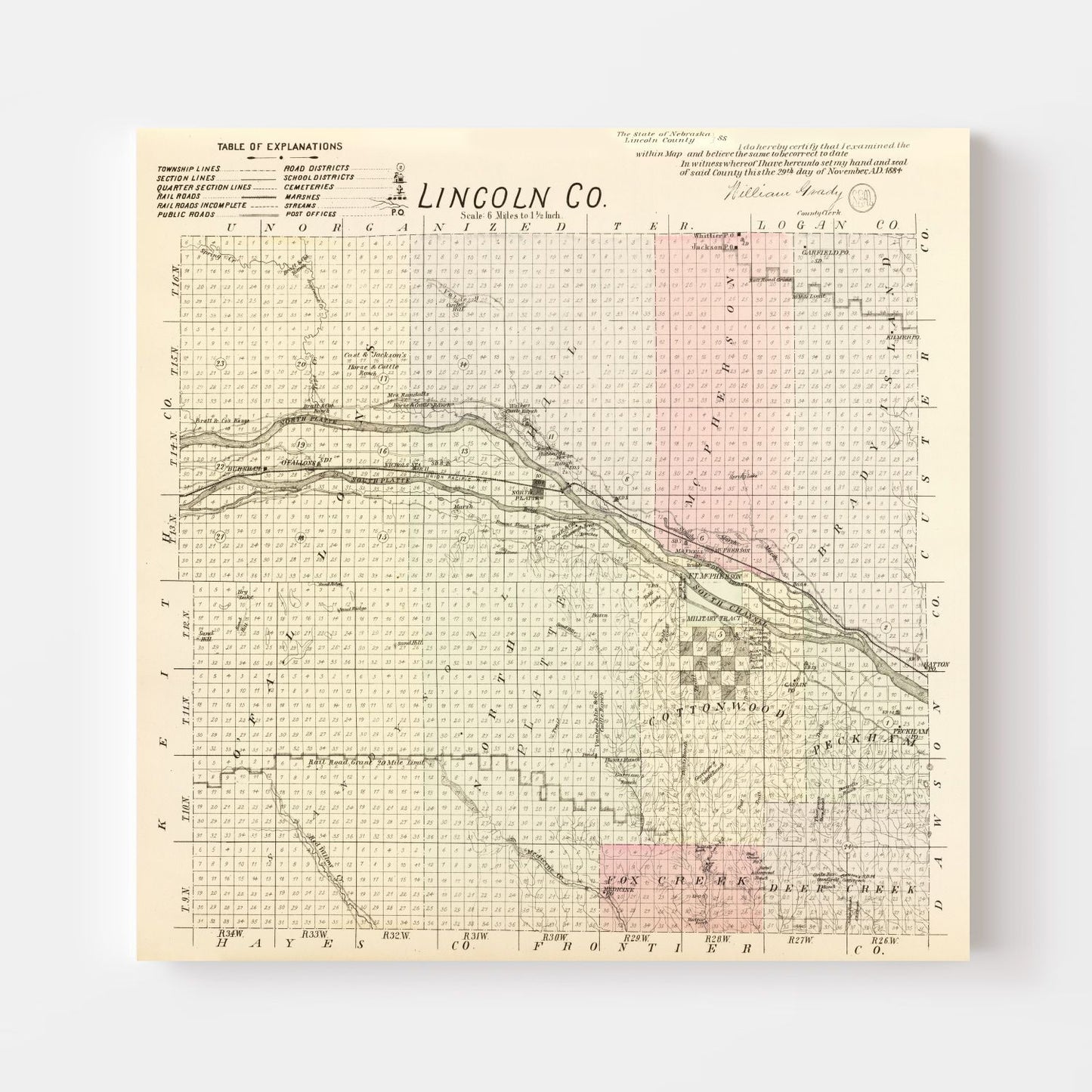 Vintage Map of Lincoln County, Nebraska 1885 -Not available at Minden location-