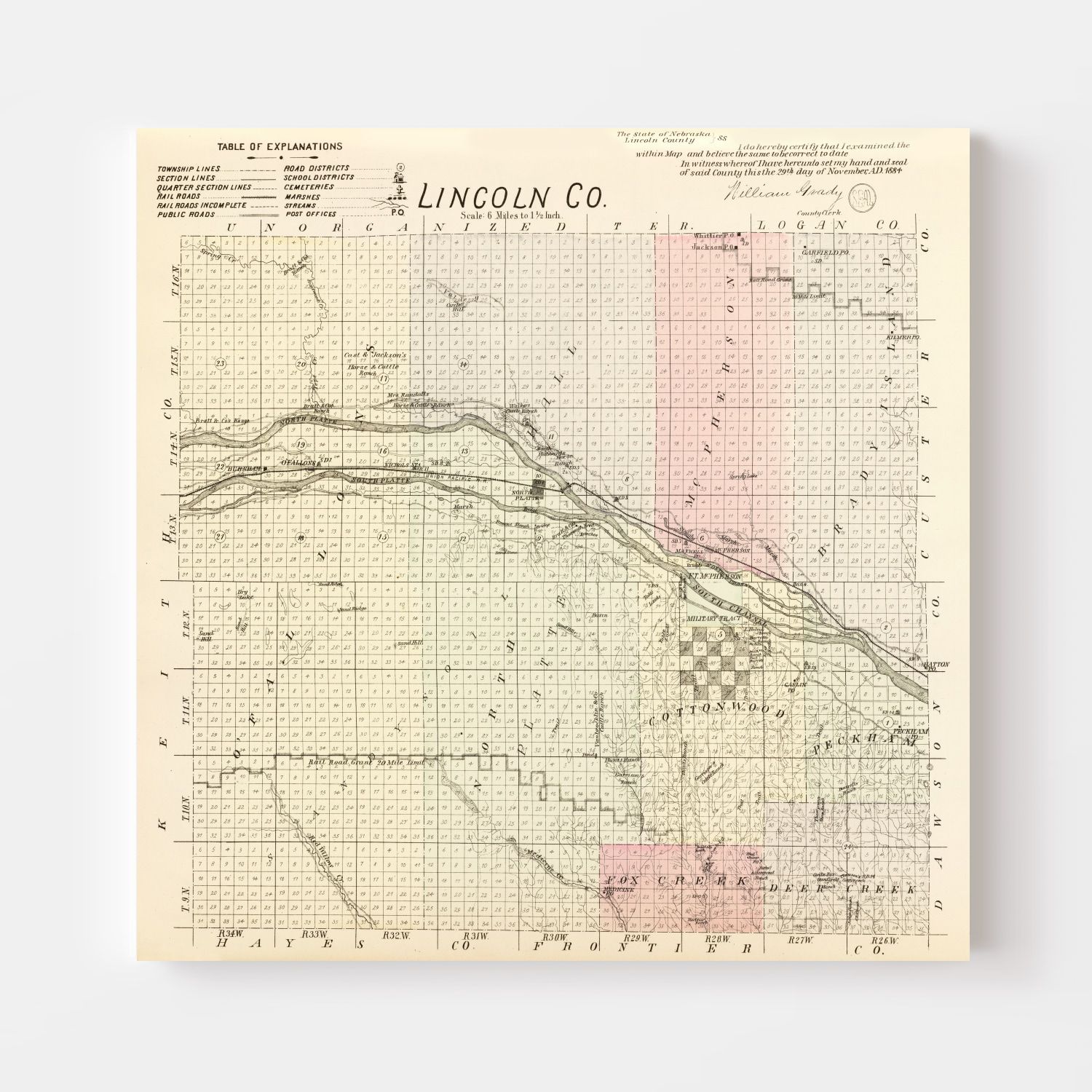Vintage Map of Lincoln County, Nebraska 1885 -Not available at Minden location-