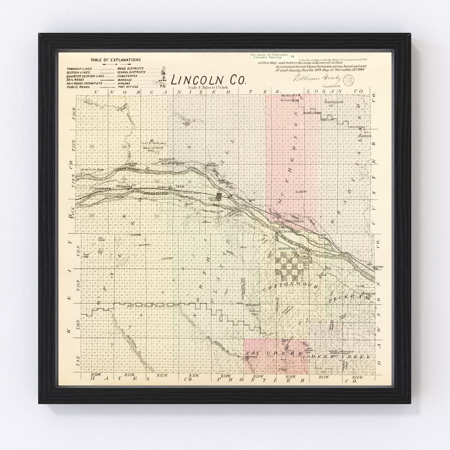 Vintage Map of Lincoln County, Nebraska 1885 -Not available at Minden location-
