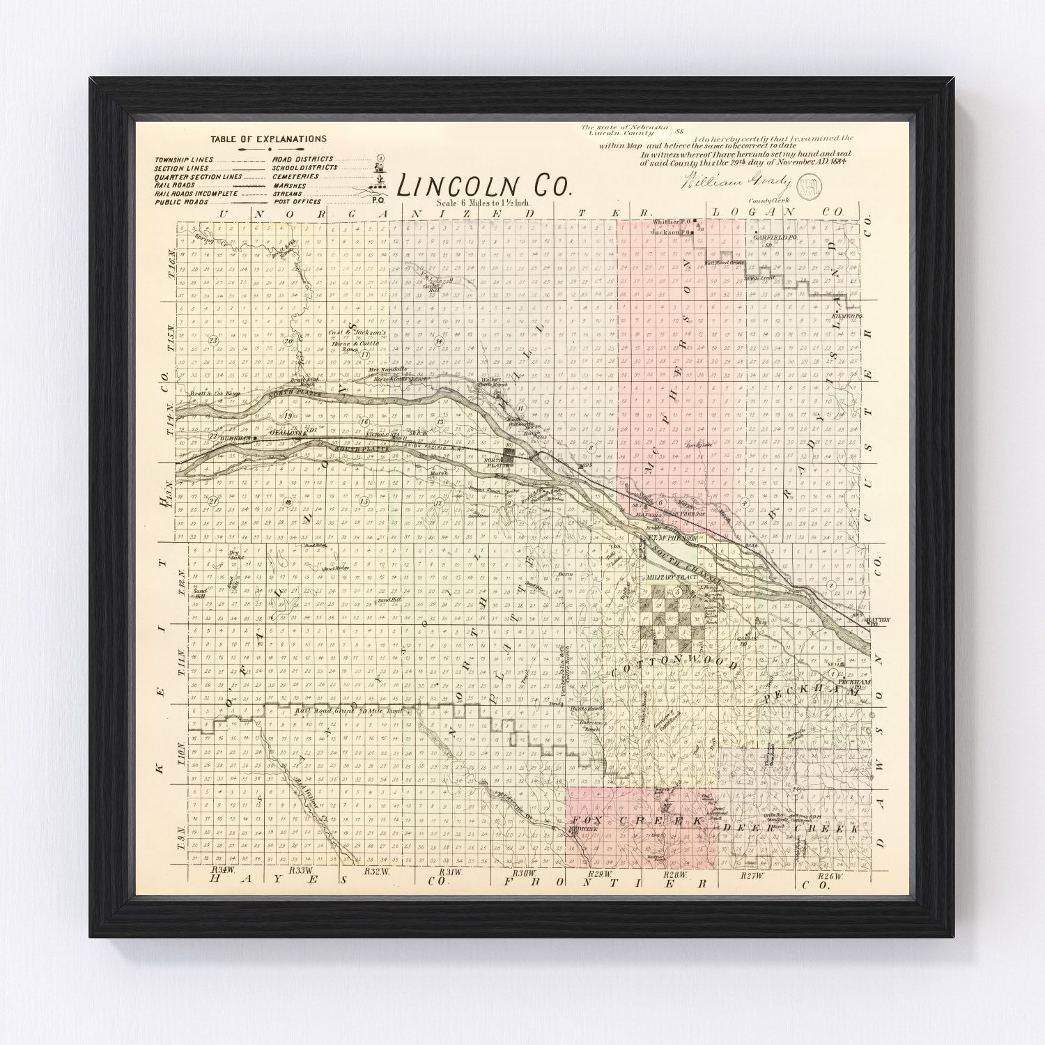 Vintage Map of Lincoln County, Nebraska 1885 -Not available at Minden location-