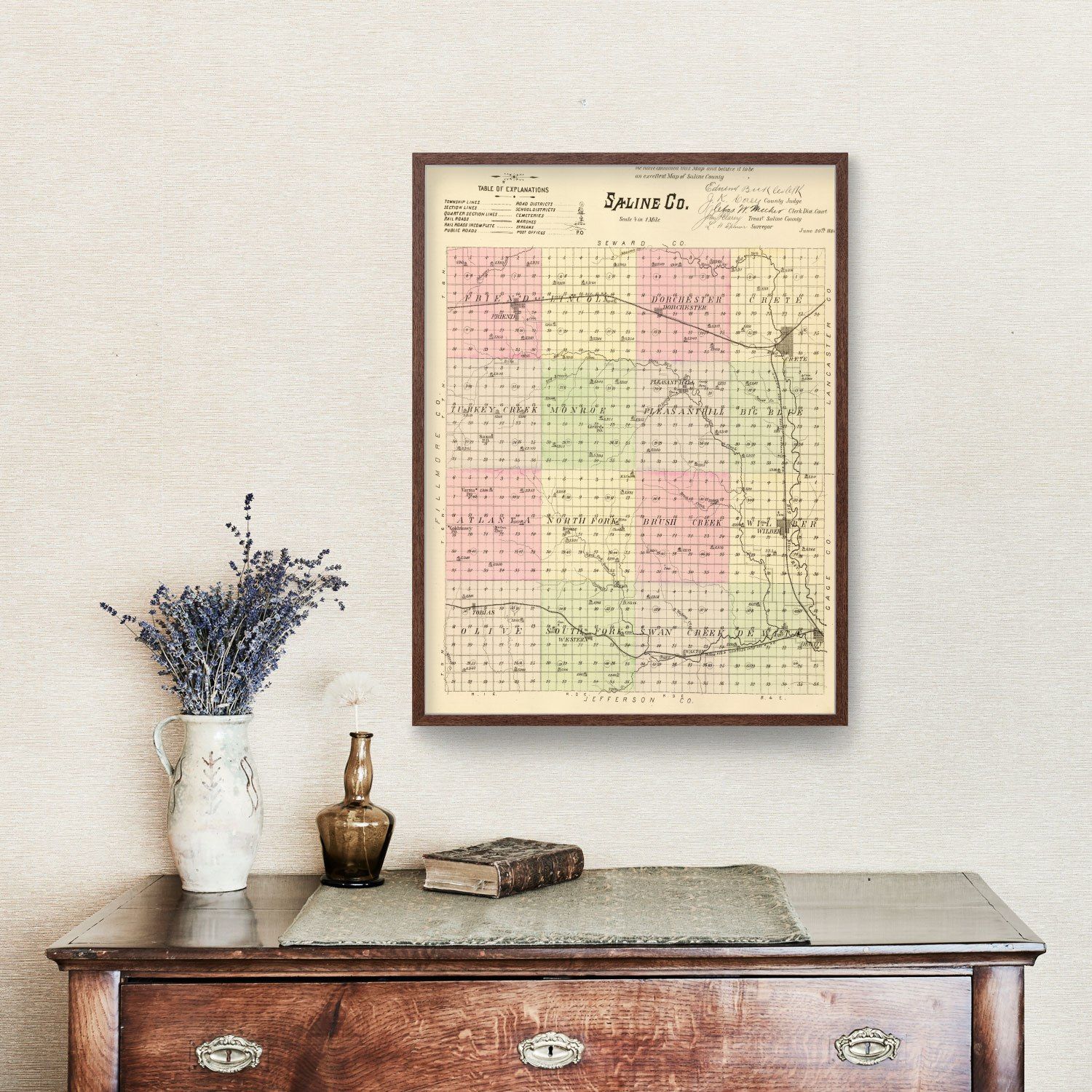 Vintage Map of Saline County, Nebraska 1885 -Not available at Minden location-