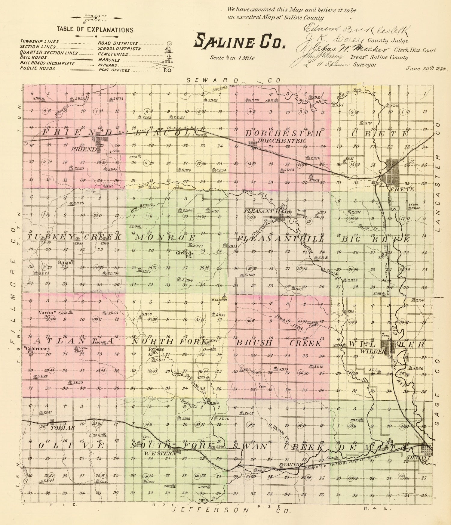 Vintage Map of Saline County, Nebraska 1885 -Not available at Minden location-