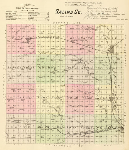 Vintage Map of Saline County, Nebraska 1885 -Not available at Minden location-