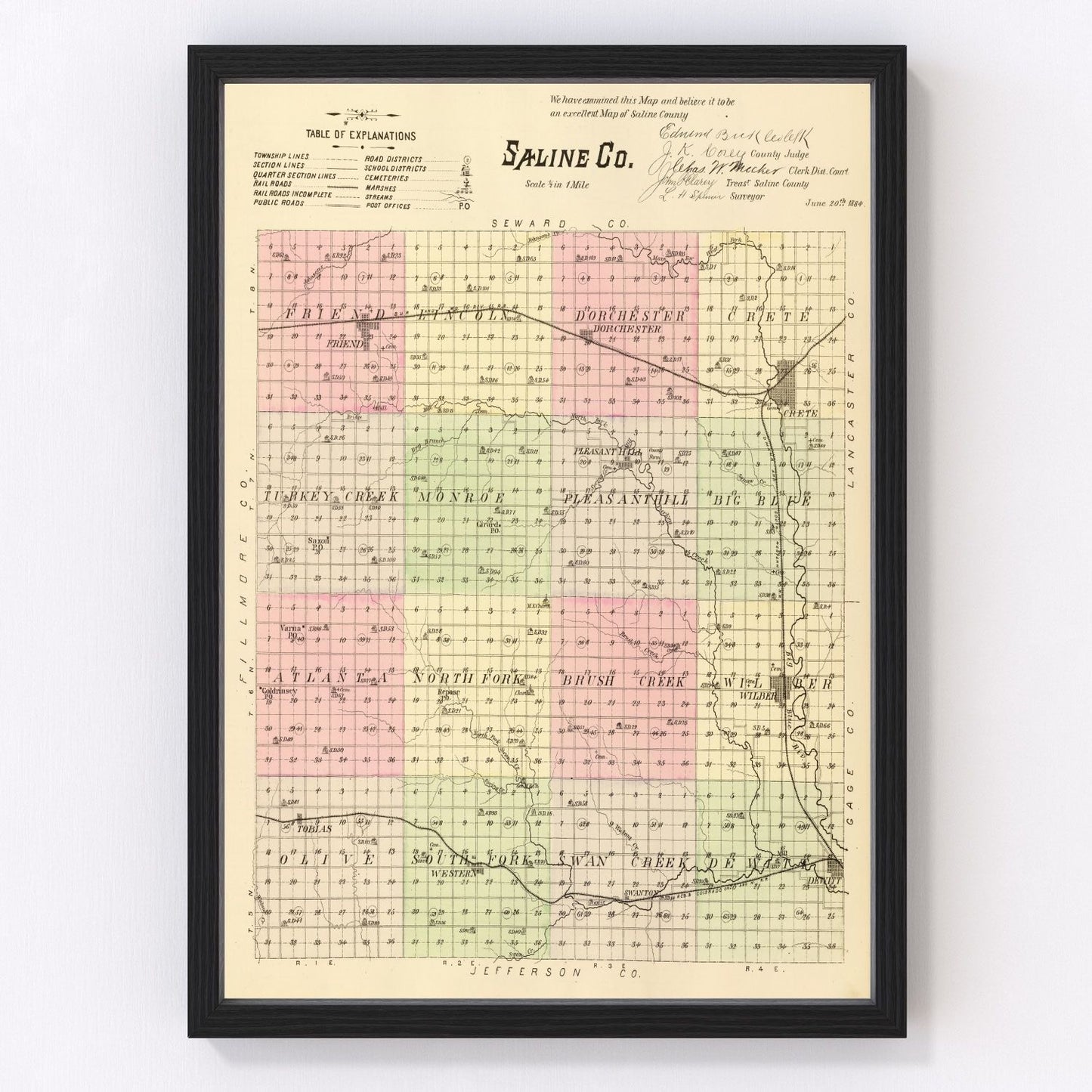 Vintage Map of Saline County, Nebraska 1885 -Not available at Minden location-