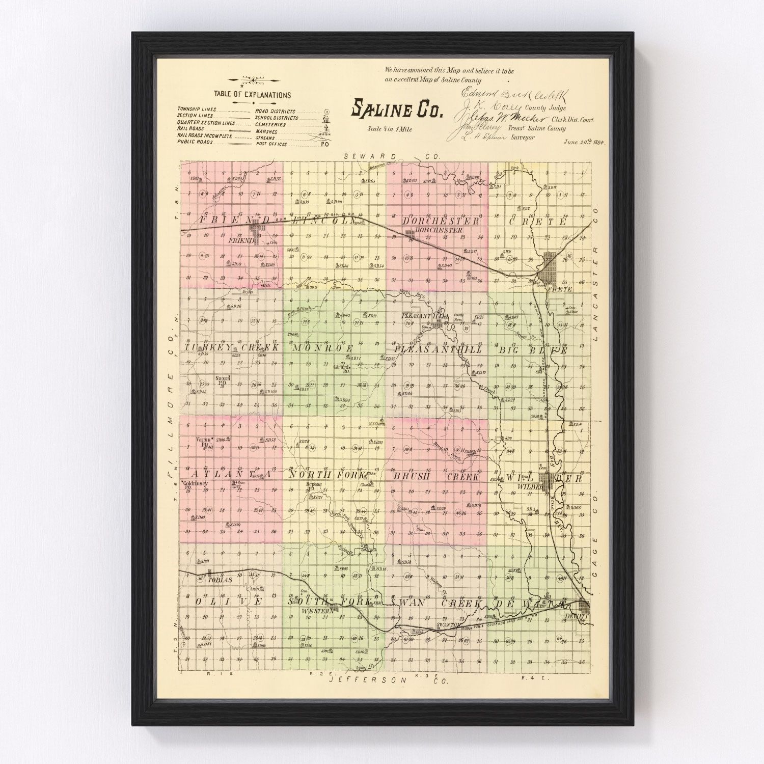 Vintage Map of Saline County, Nebraska 1885 -Not available at Minden location-