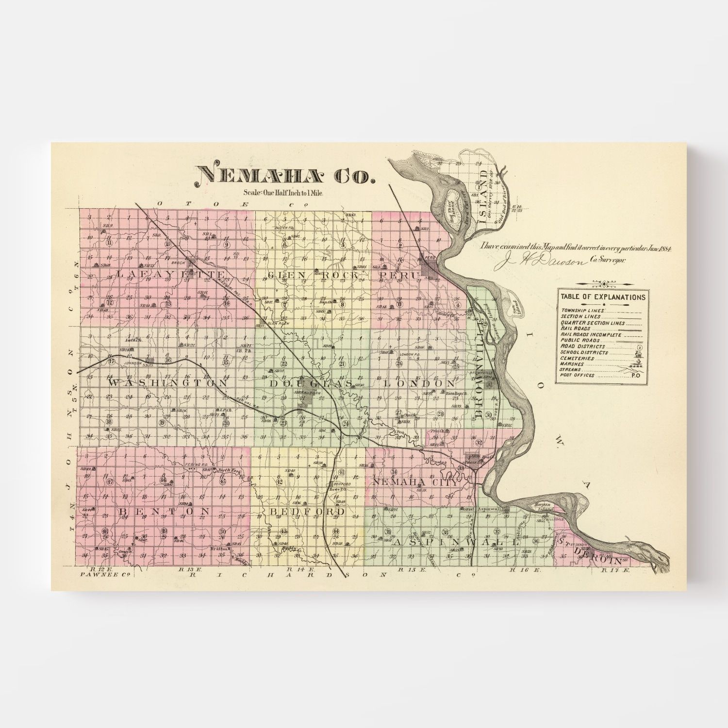Vintage Map of Nemaha County, Nebraska 1885 -Not available at Minden location-