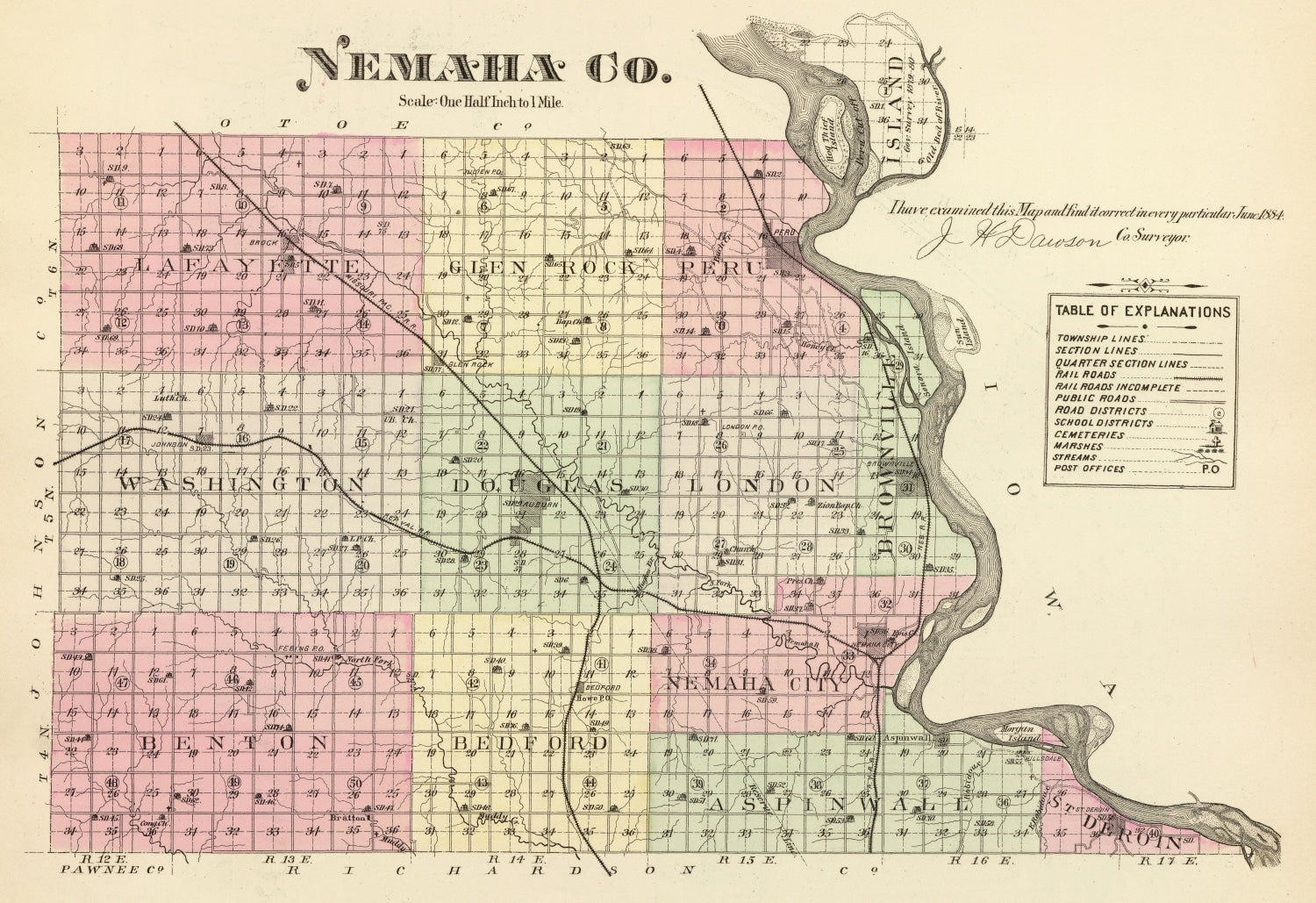 Vintage Map of Nemaha County, Nebraska 1885 -Not available at Minden location-
