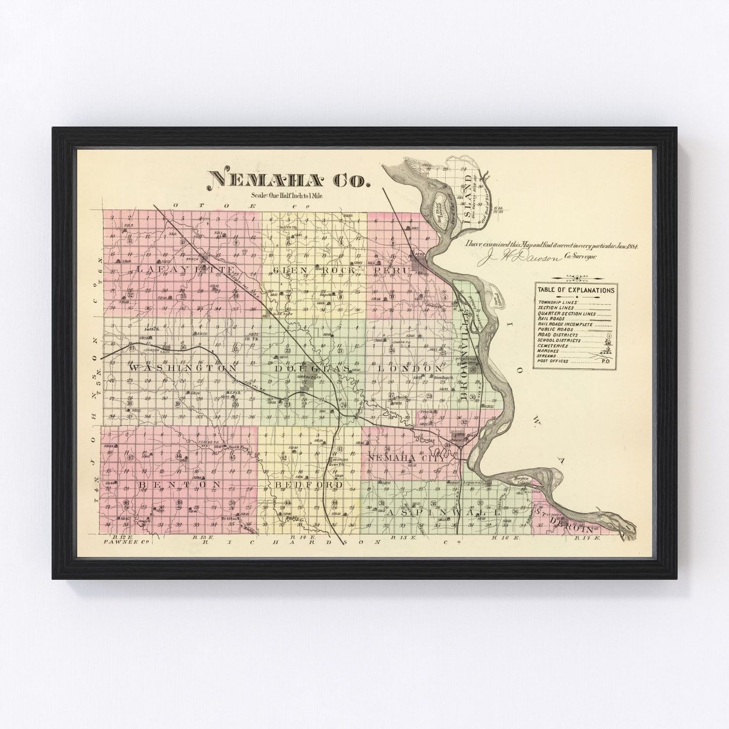 Vintage Map of Nemaha County, Nebraska 1885 -Not available at Minden location-