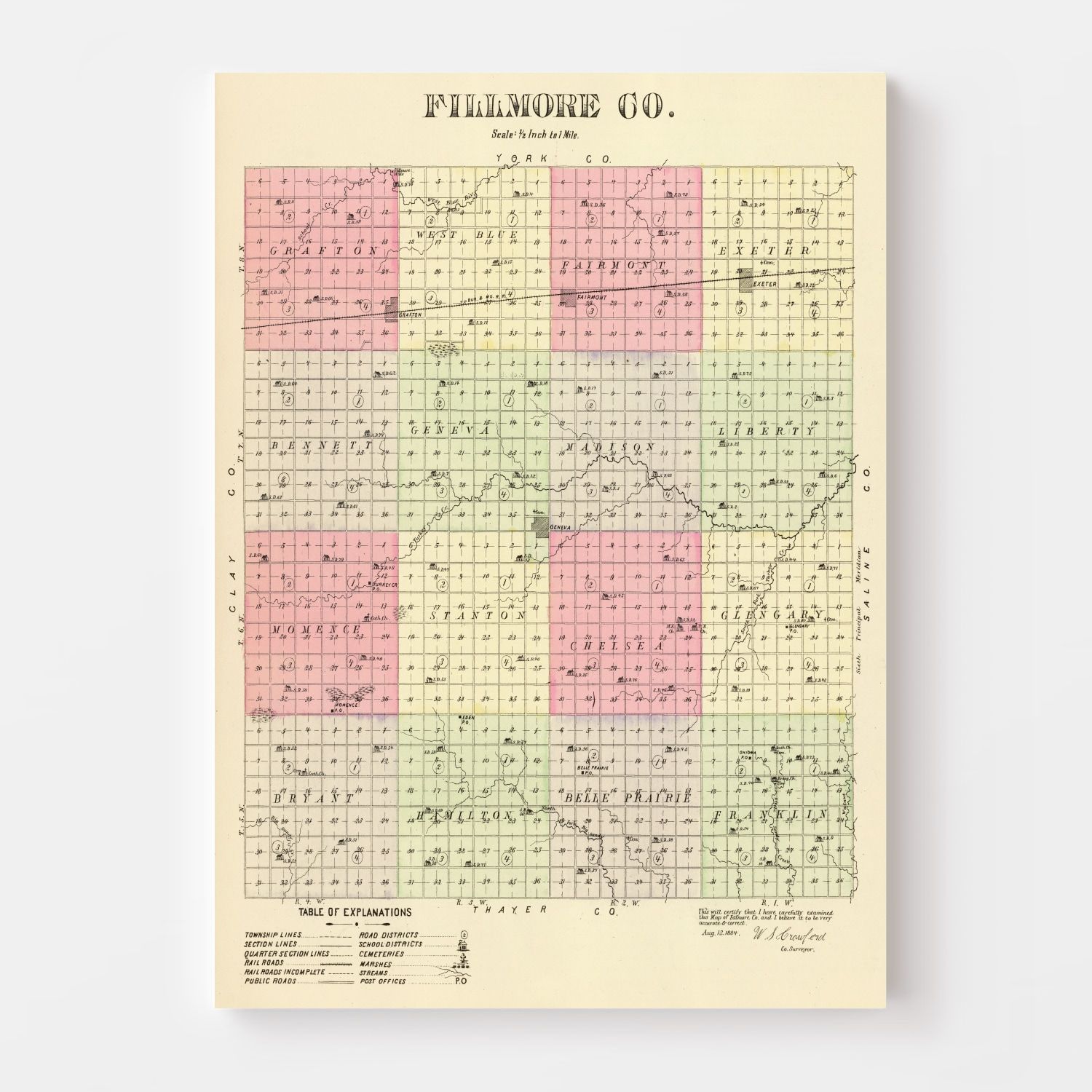Vintage Map of Fillmore County, Nebraska 1885 -Not available at Minden location-