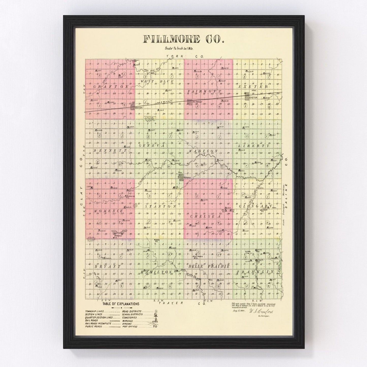 Vintage Map of Fillmore County, Nebraska 1885 -Not available at Minden location-