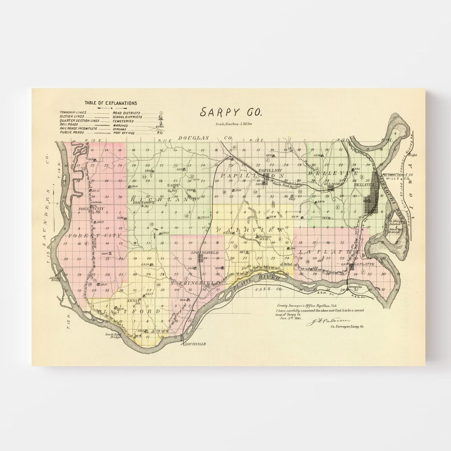 Vintage Map of Sarpy County, Nebraska 1885 -Not available at Minden location-
