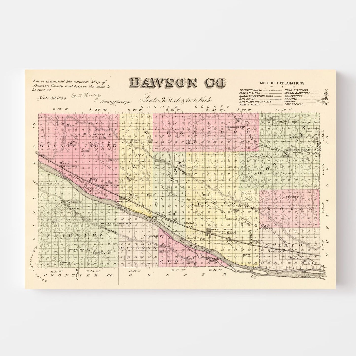 Vintage Map of Dawson County, Nebraska 1885 -Not available at Minden location-