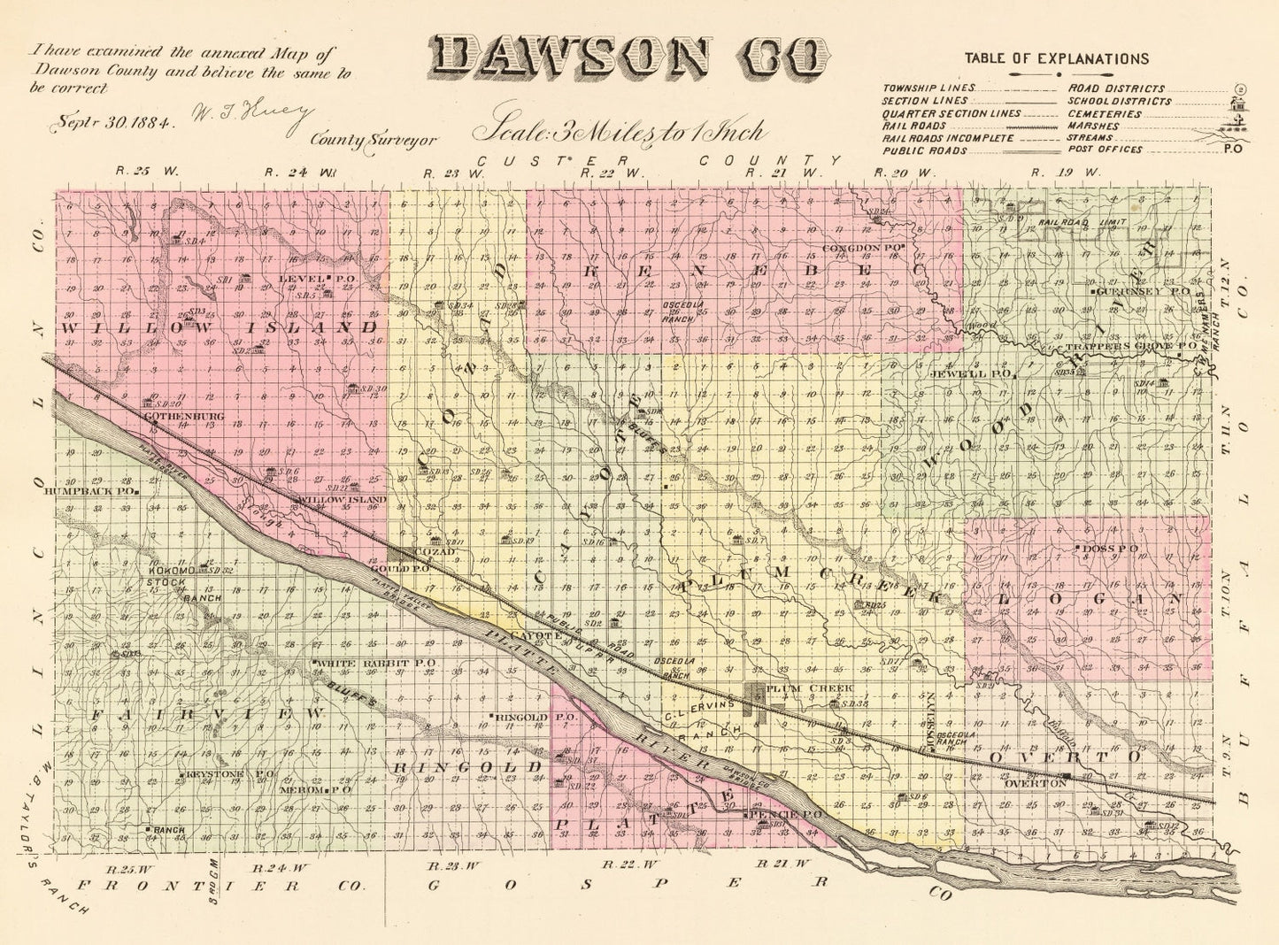 Vintage Map of Dawson County, Nebraska 1885 -Not available at Minden location-