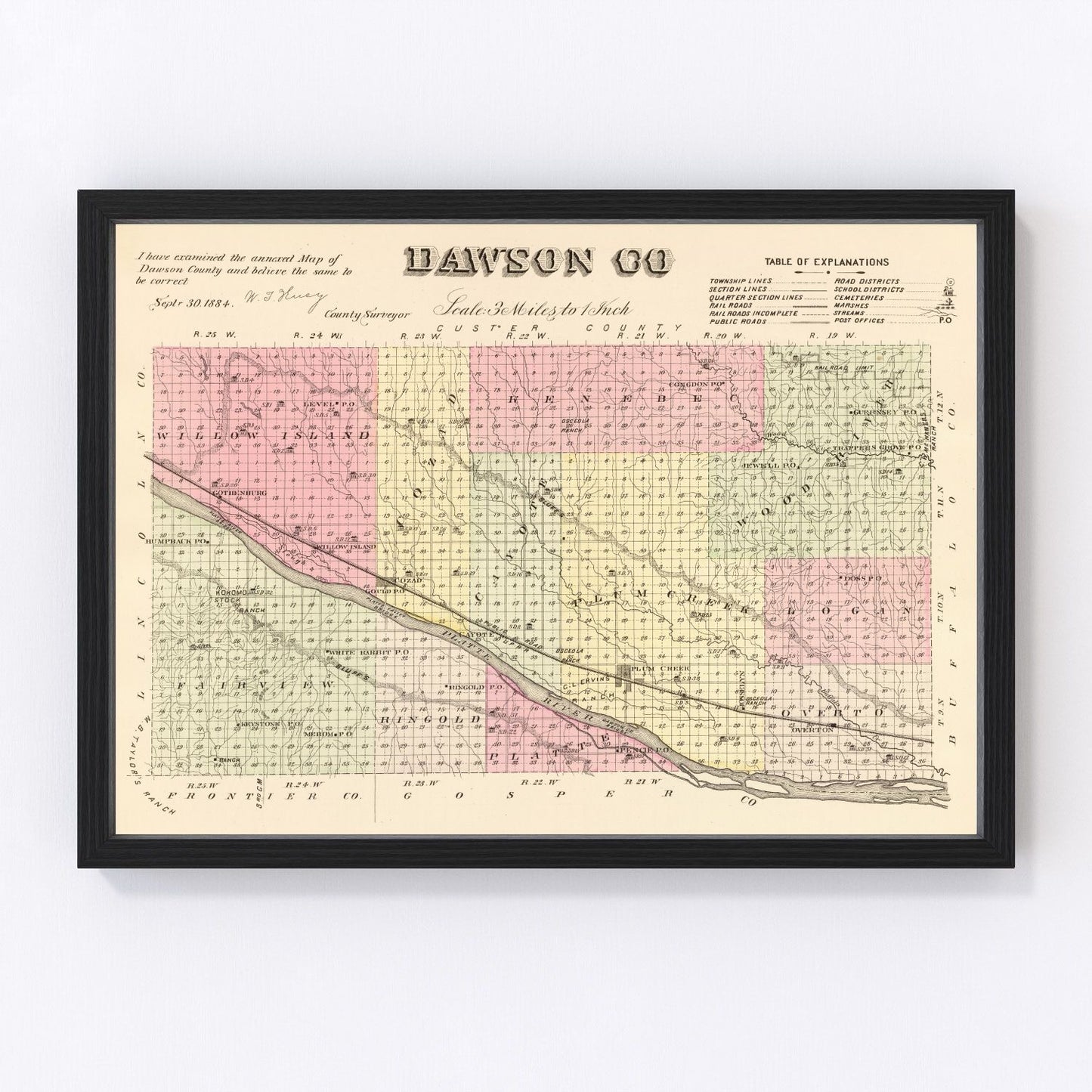 Vintage Map of Dawson County, Nebraska 1885 -Not available at Minden location-