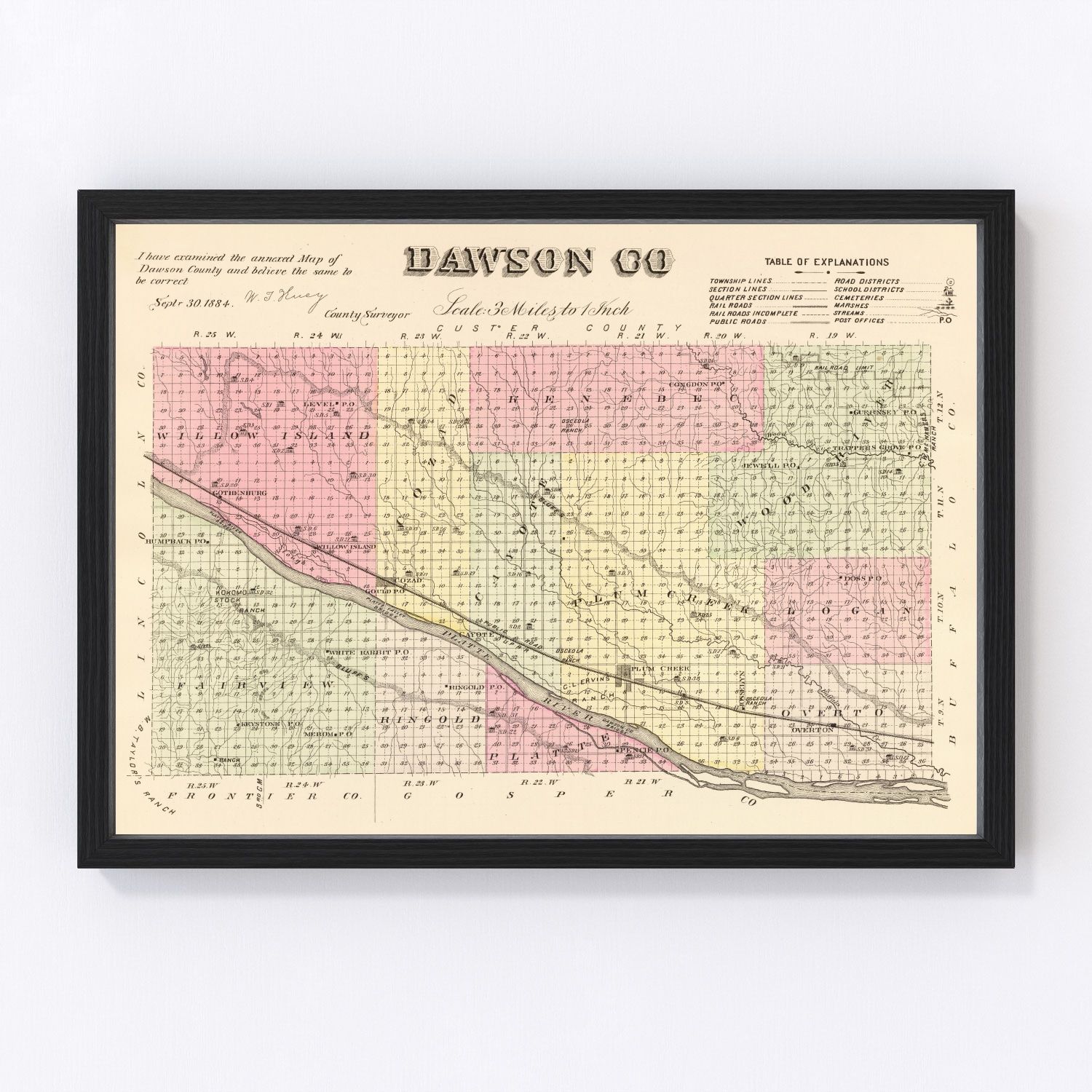 Vintage Map of Dawson County, Nebraska 1885 -Not available at Minden location-