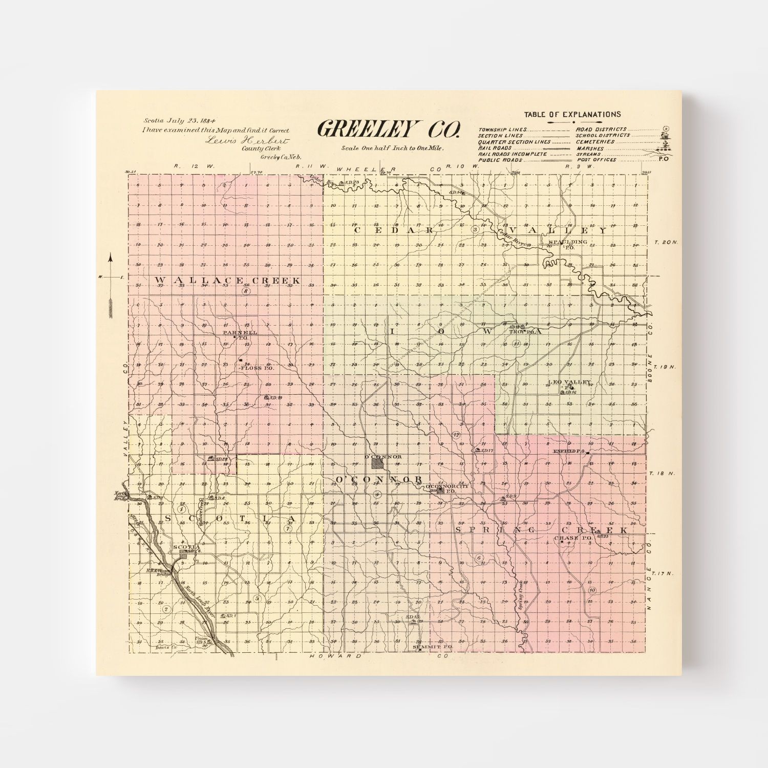 Vintage Map of Greeley County, Nebraska 1885 -Not available at Minden location-